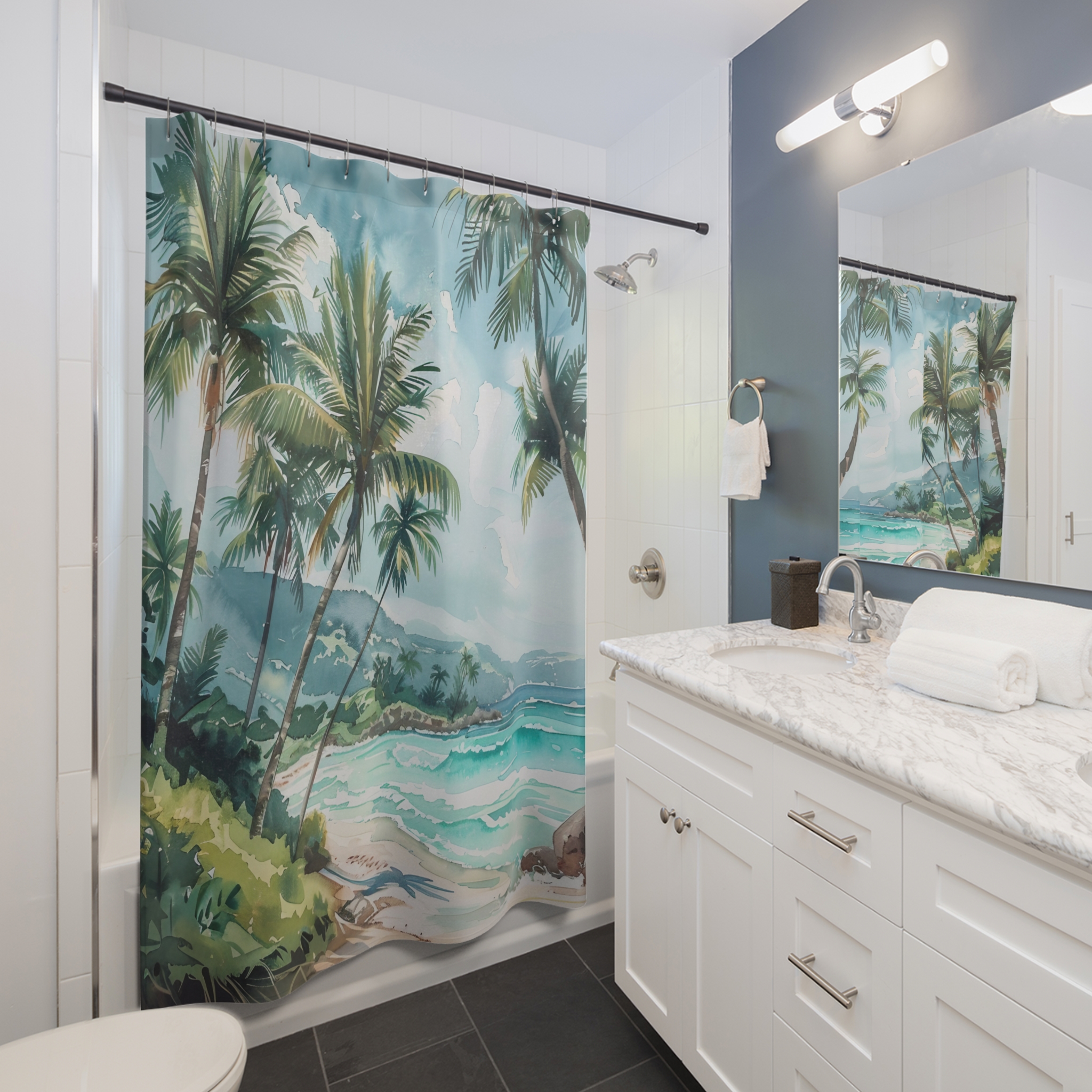 Tropical Palms and Sea Breeze – Watercolor Coastal Shower Curtain