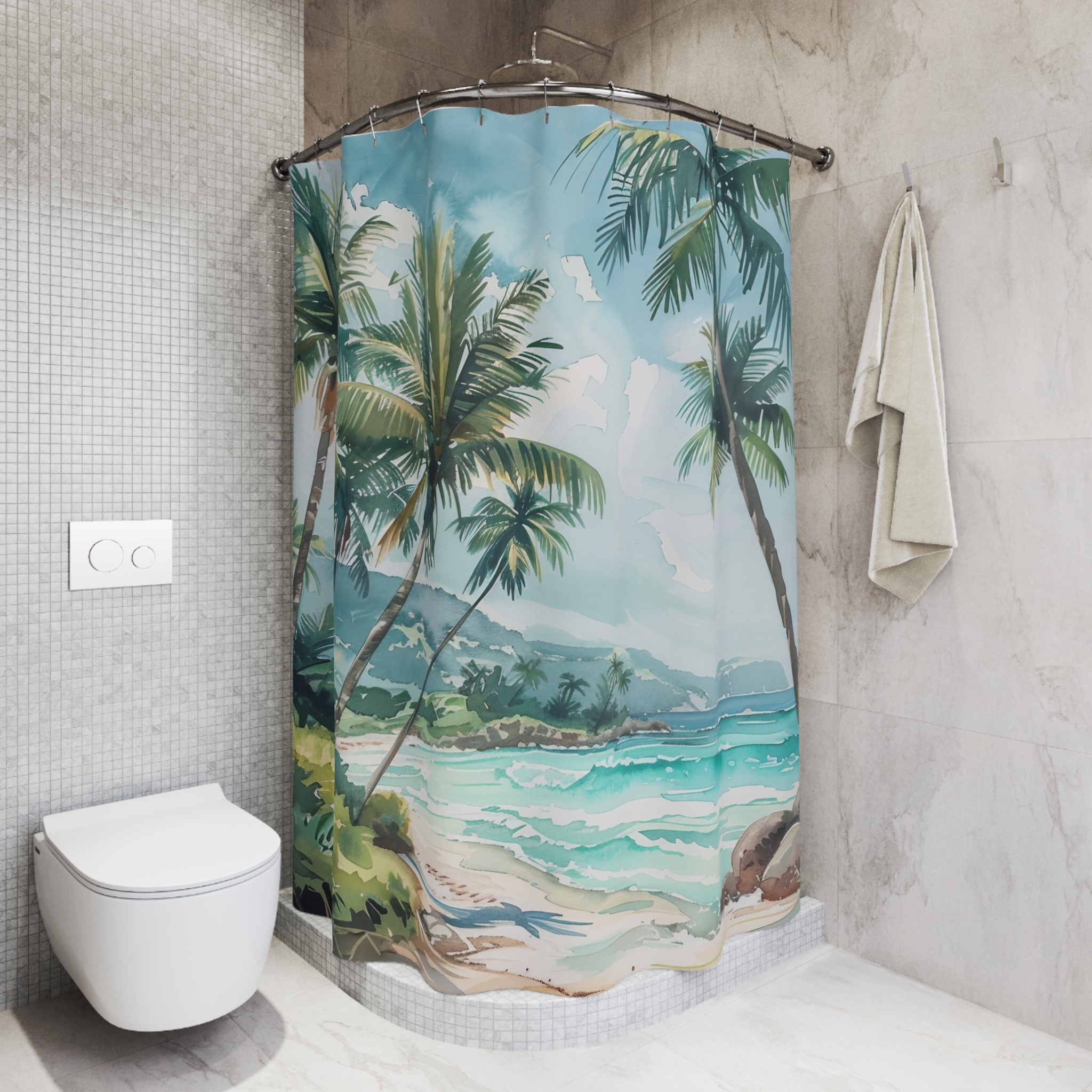 Tropical Palms and Sea Breeze – Watercolor Coastal Shower Curtain