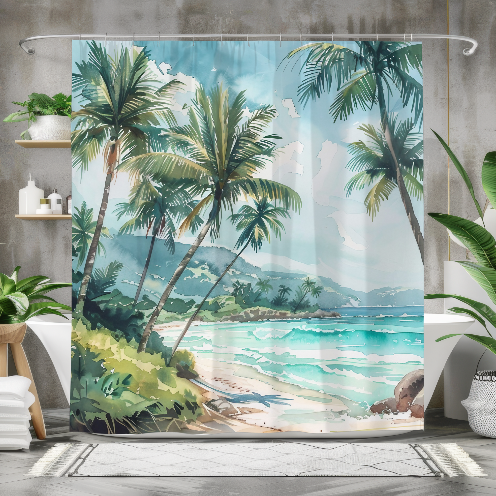 Tropical Palms and Sea Breeze – Watercolor Coastal Shower Curtain