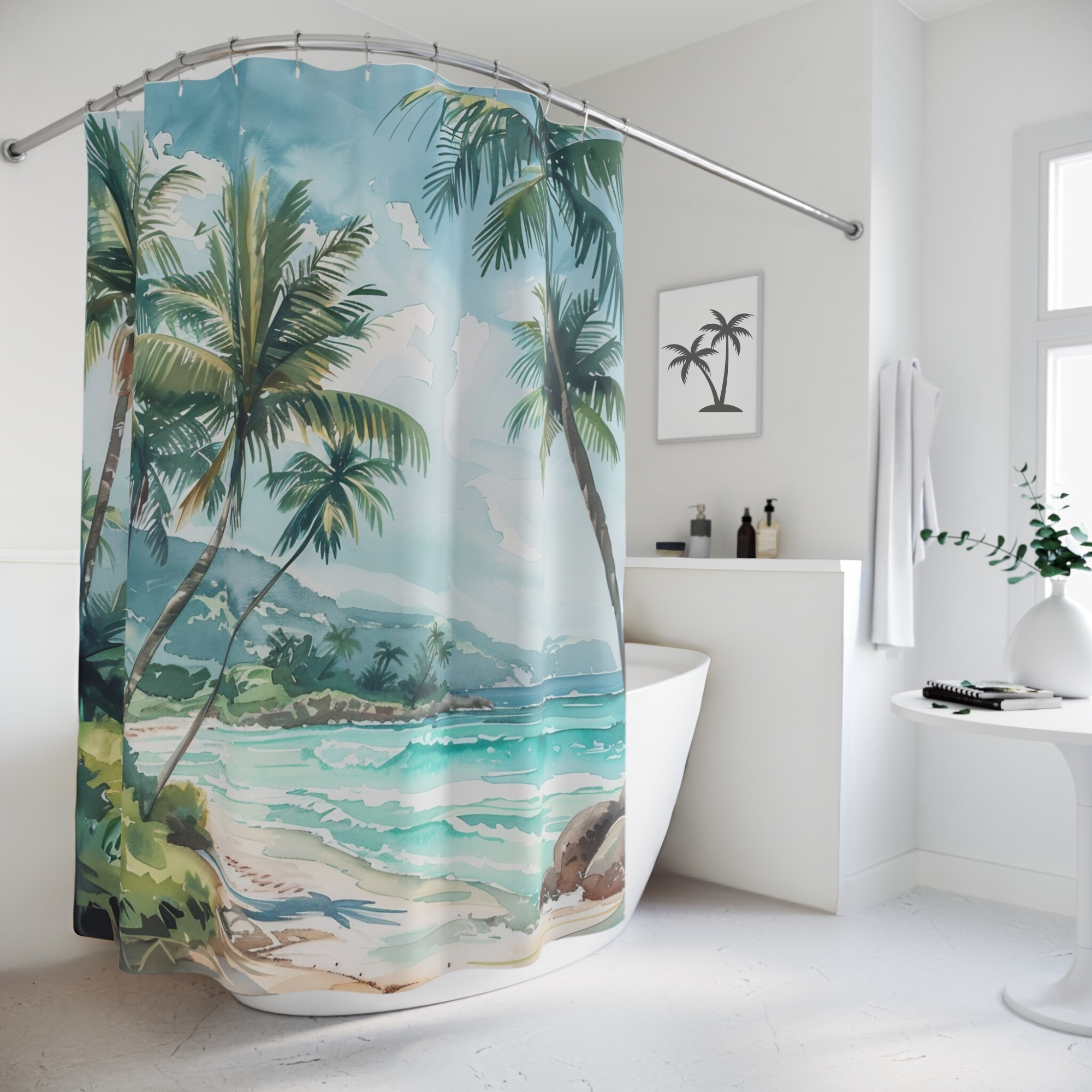 Tropical Palms and Sea Breeze – Watercolor Coastal Shower Curtain