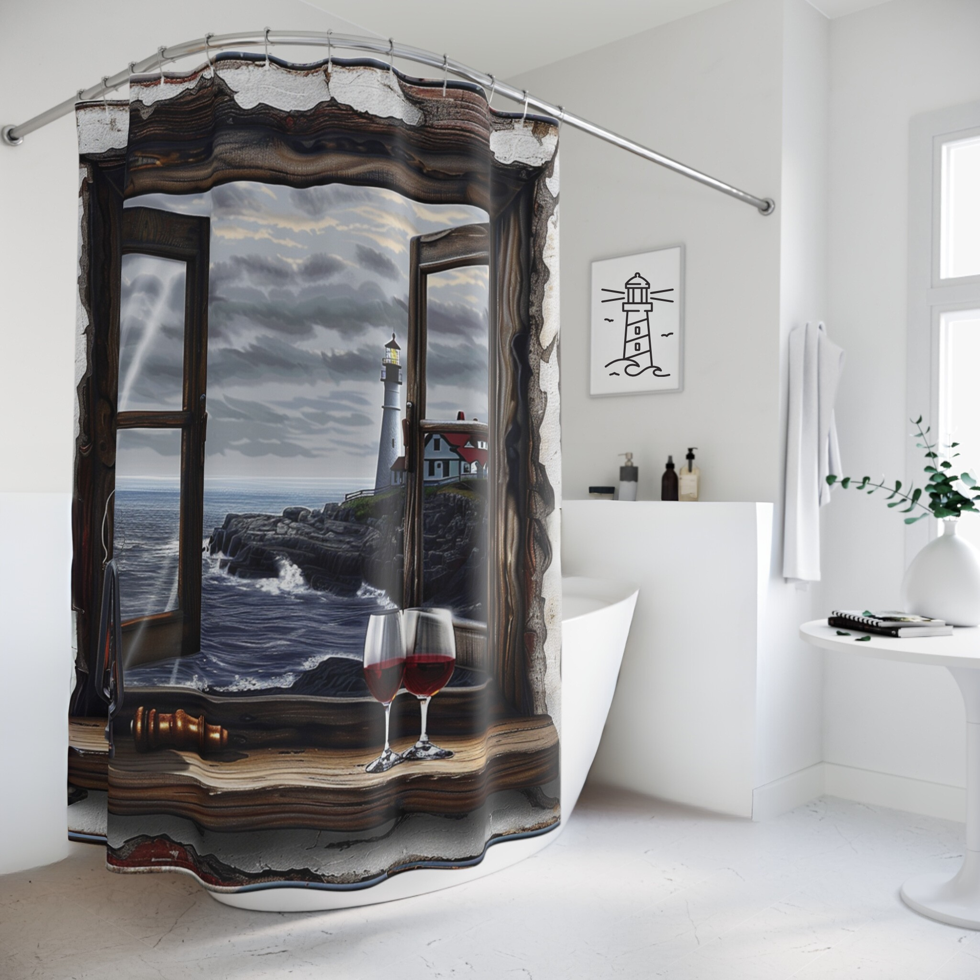 Rustic Lighthouse Window View – Coastal Romance Shower Curtain