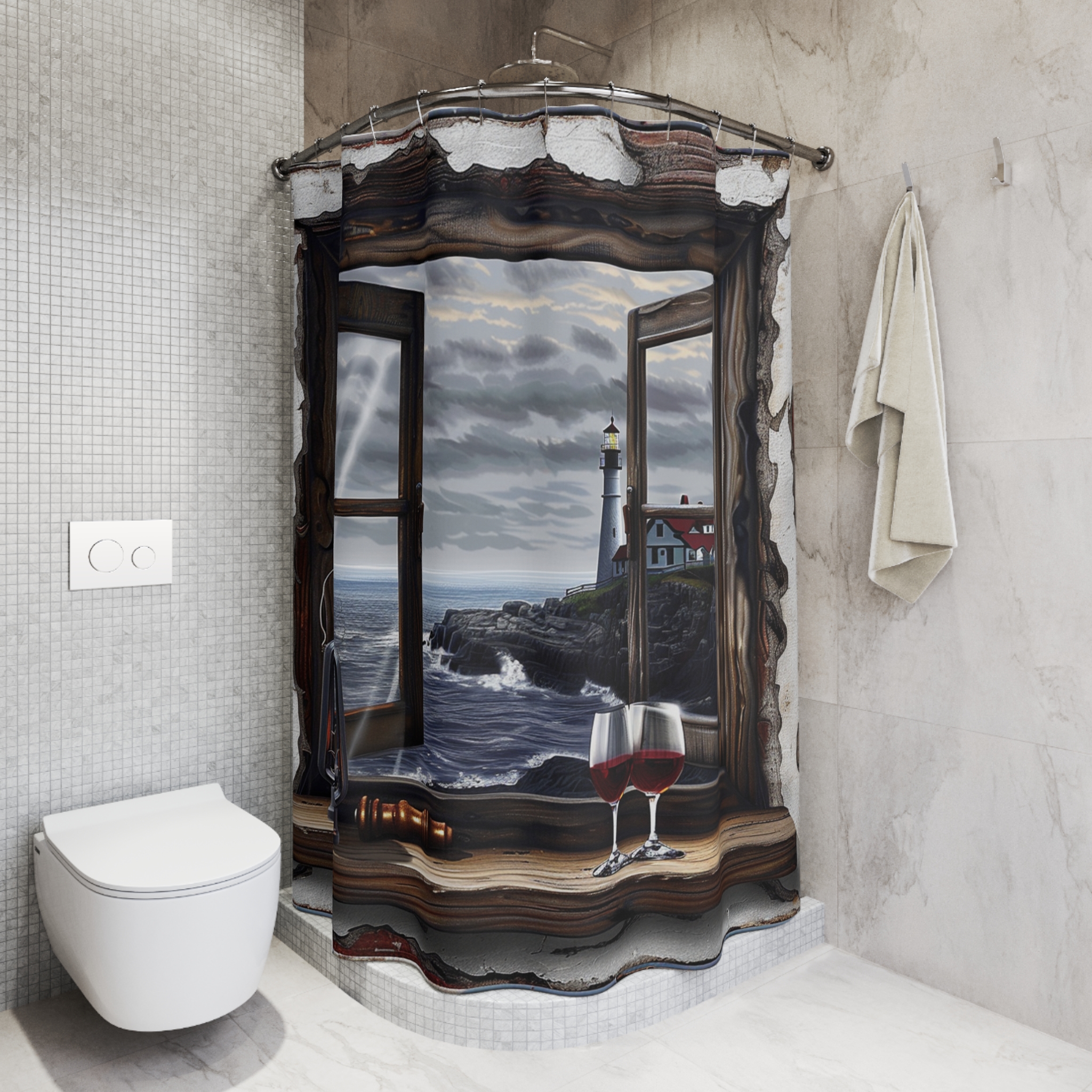 Rustic Lighthouse Window View – Coastal Romance Shower Curtain