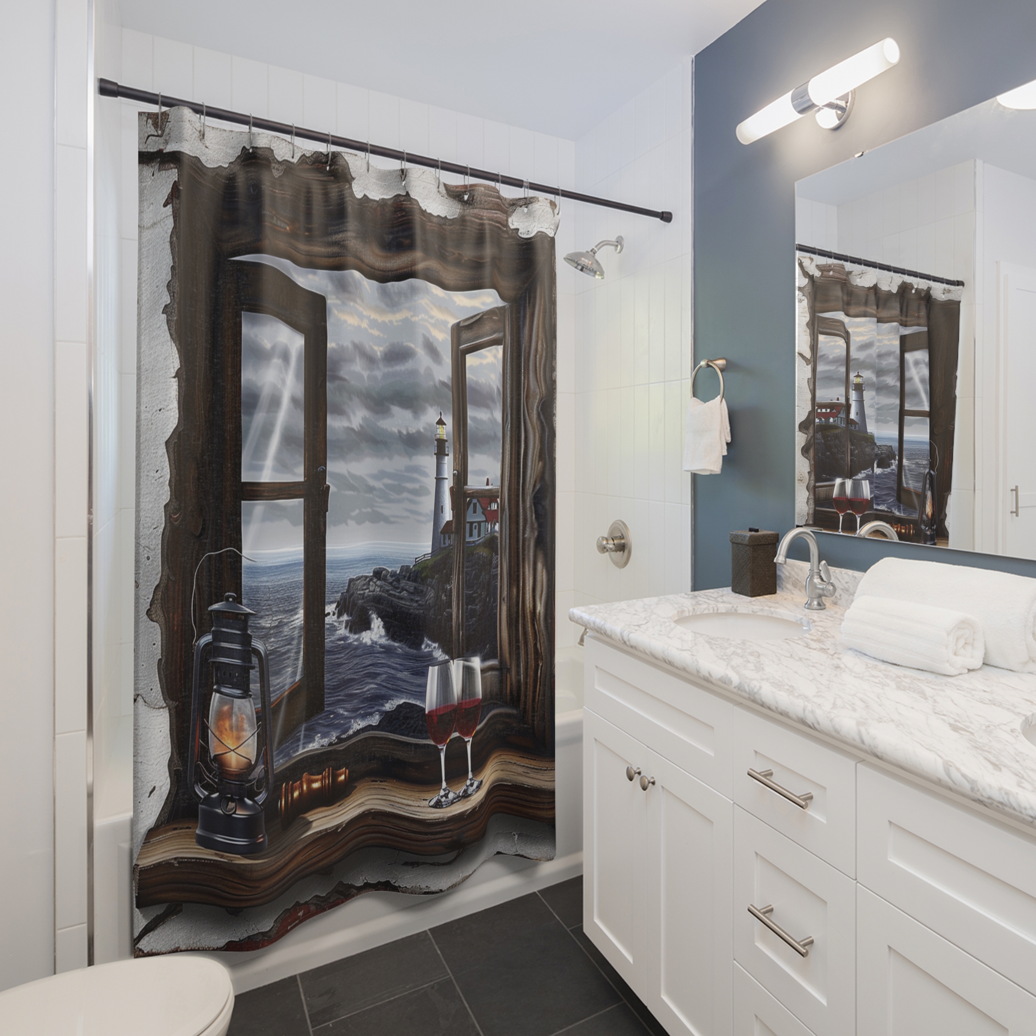 Rustic Lighthouse Window View – Coastal Romance Shower Curtain