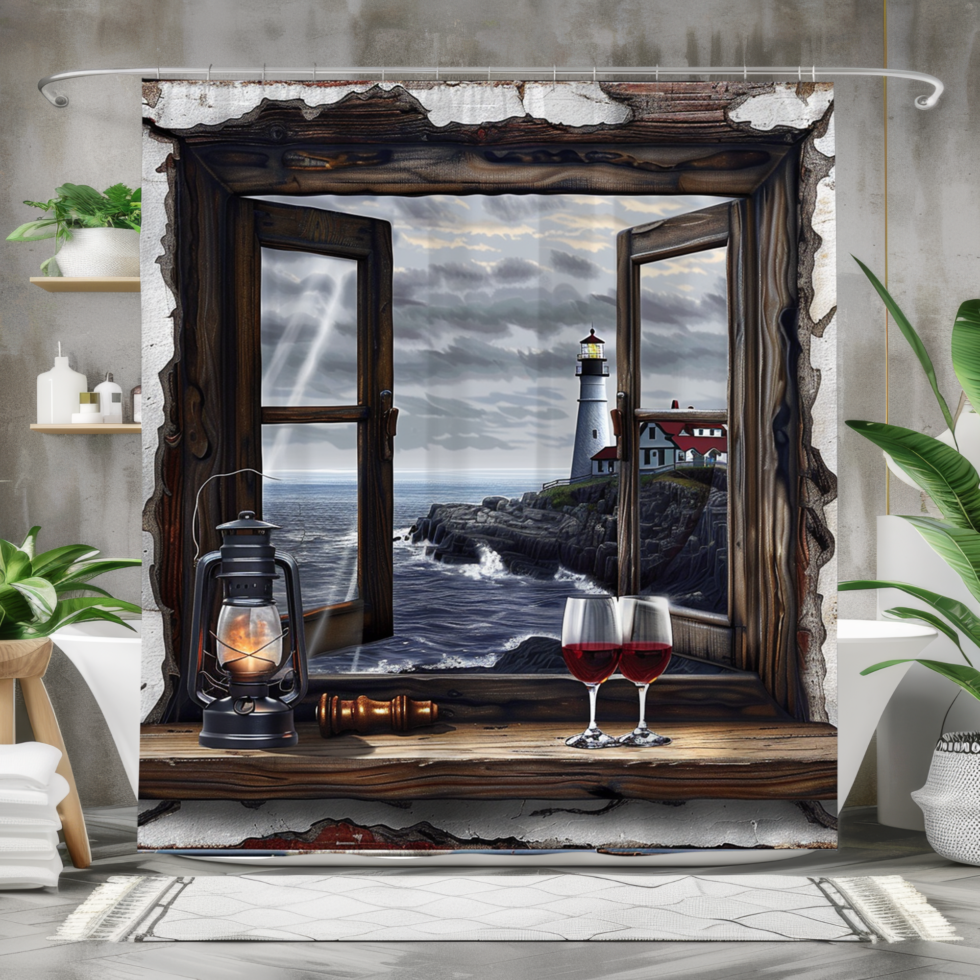 Rustic Lighthouse Window View – Coastal Romance Shower Curtain