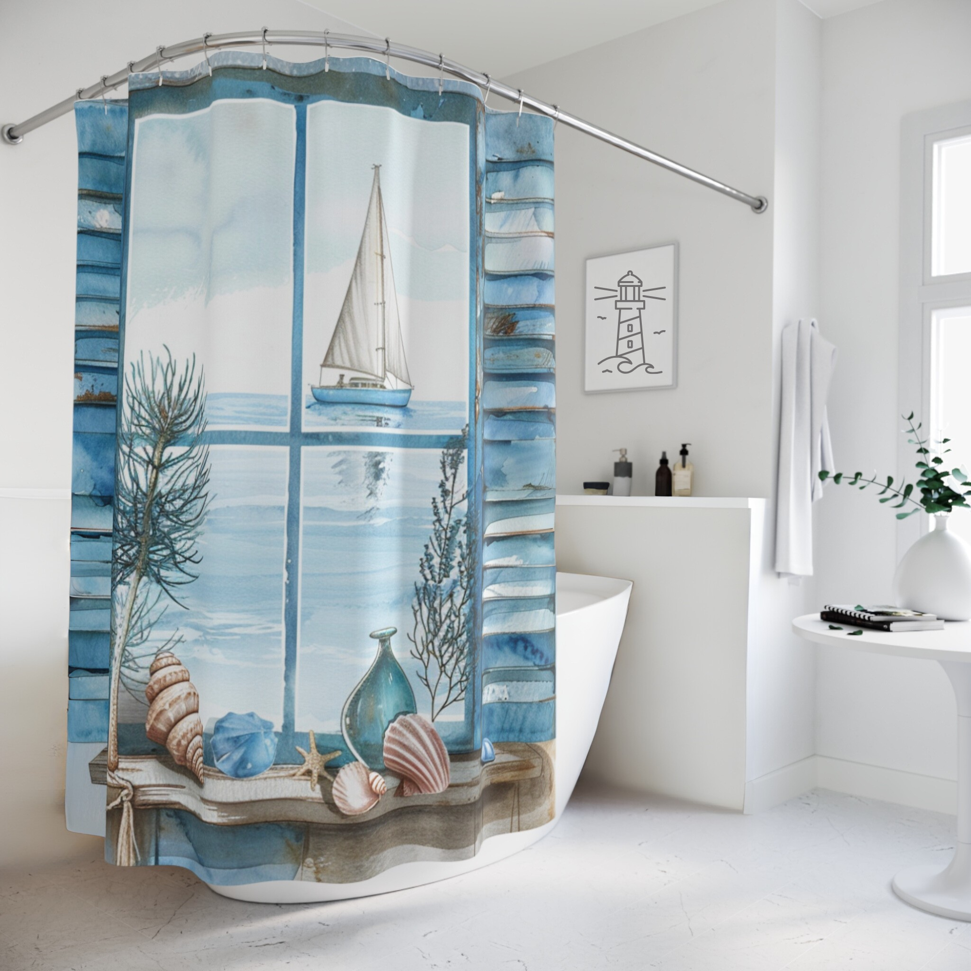 Blue Shutter Window With Sailboat – Coastal Nautical Shower Curtain
