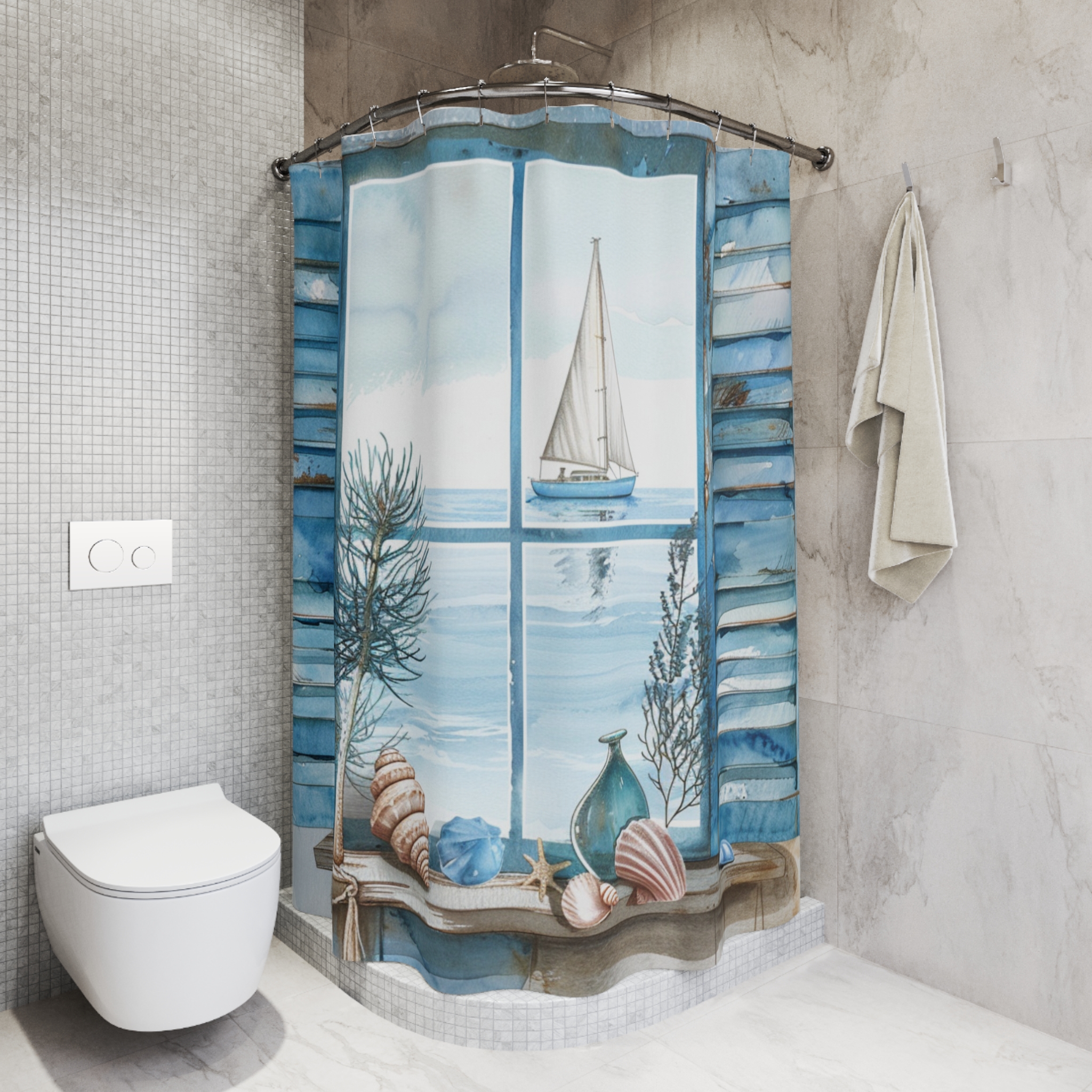 Blue Shutter Window With Sailboat – Coastal Nautical Shower Curtain