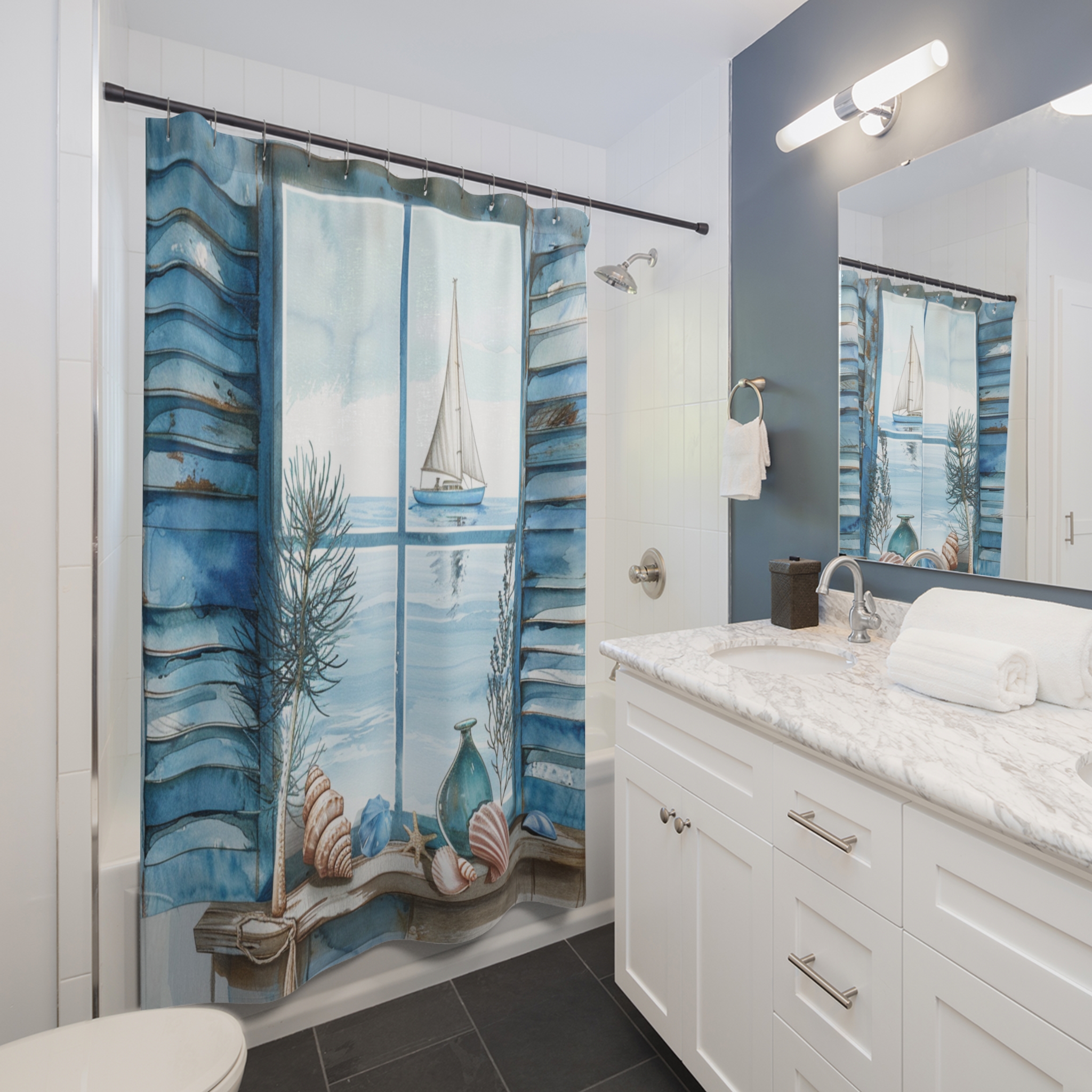 Blue Shutter Window With Sailboat – Coastal Nautical Shower Curtain