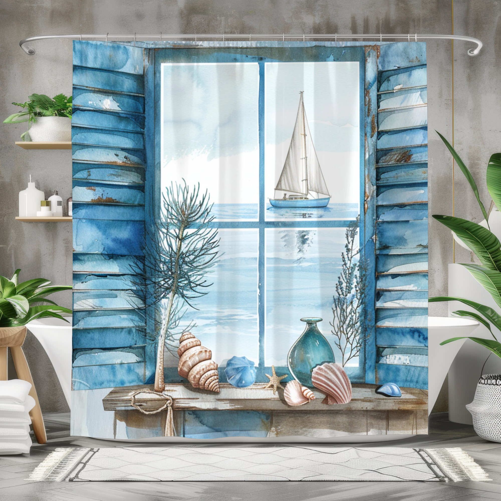 Blue Shutter Window With Sailboat – Coastal Nautical Shower Curtain