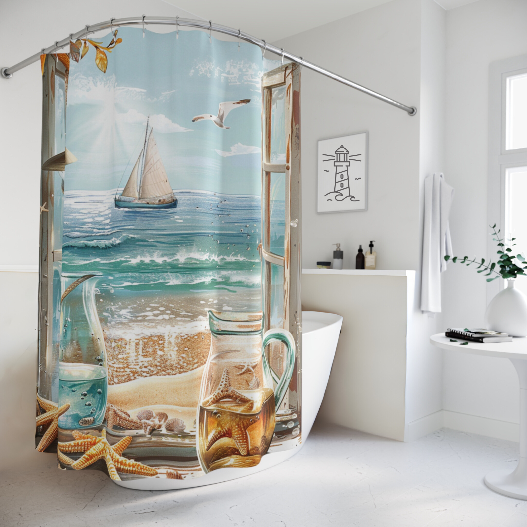 Seaside Window With Starfish and Sailboat – Nautical Beach Shower Curtain