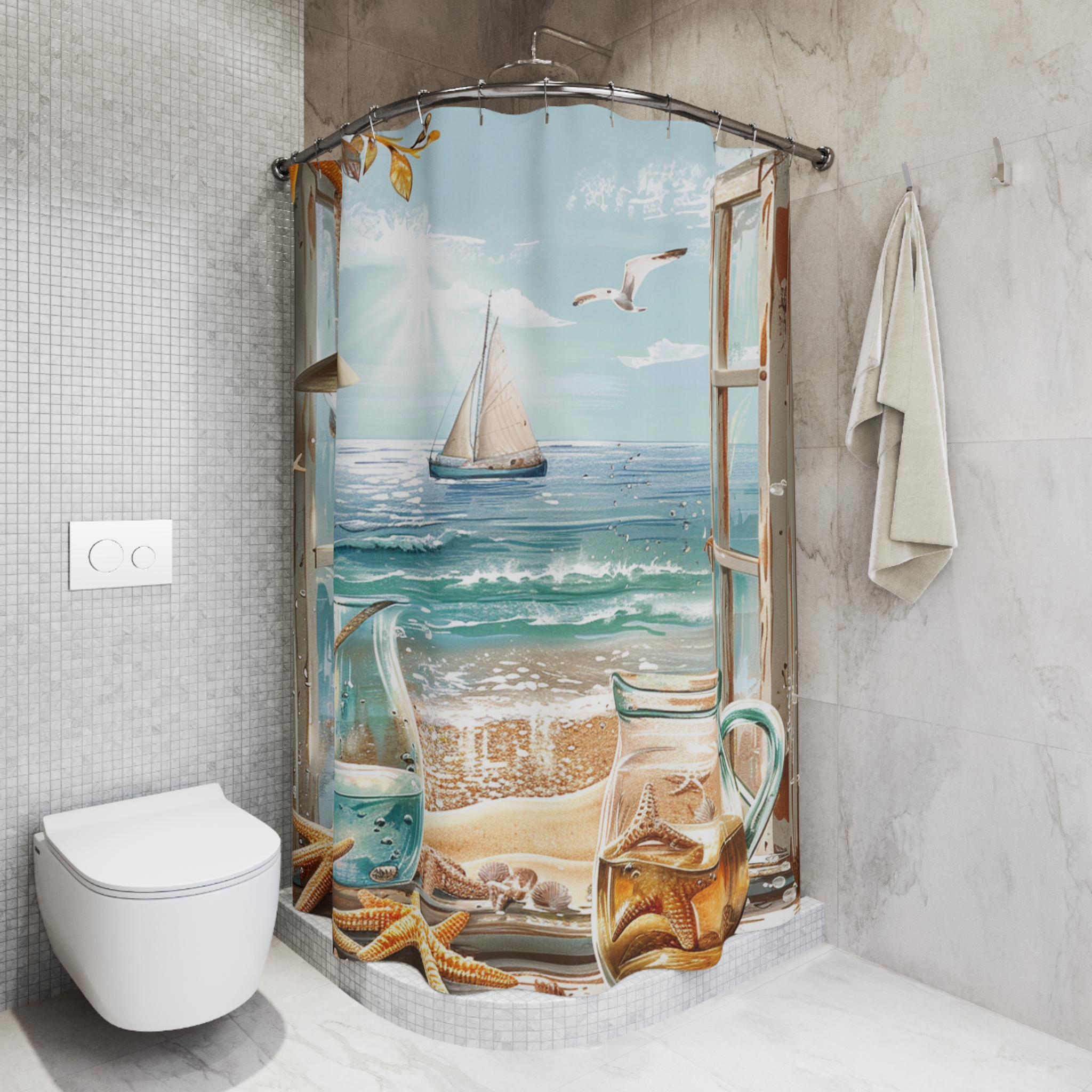 Seaside Window With Starfish and Sailboat – Nautical Beach Shower Curtain