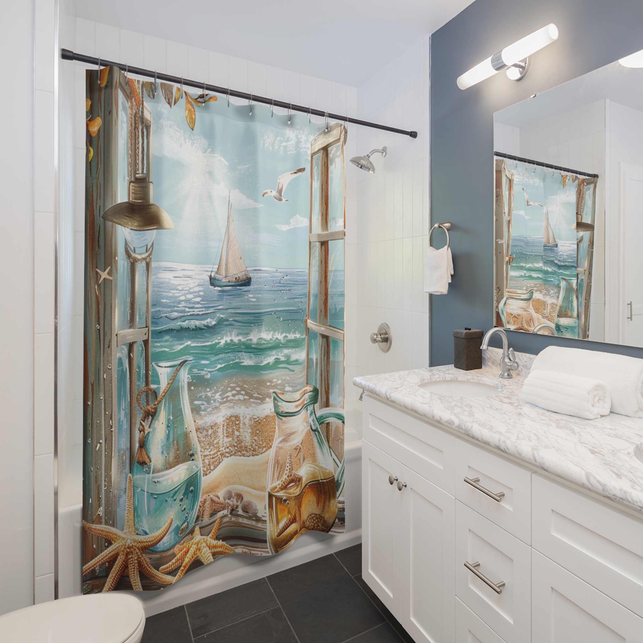 Seaside Window With Starfish and Sailboat – Nautical Beach Shower Curtain