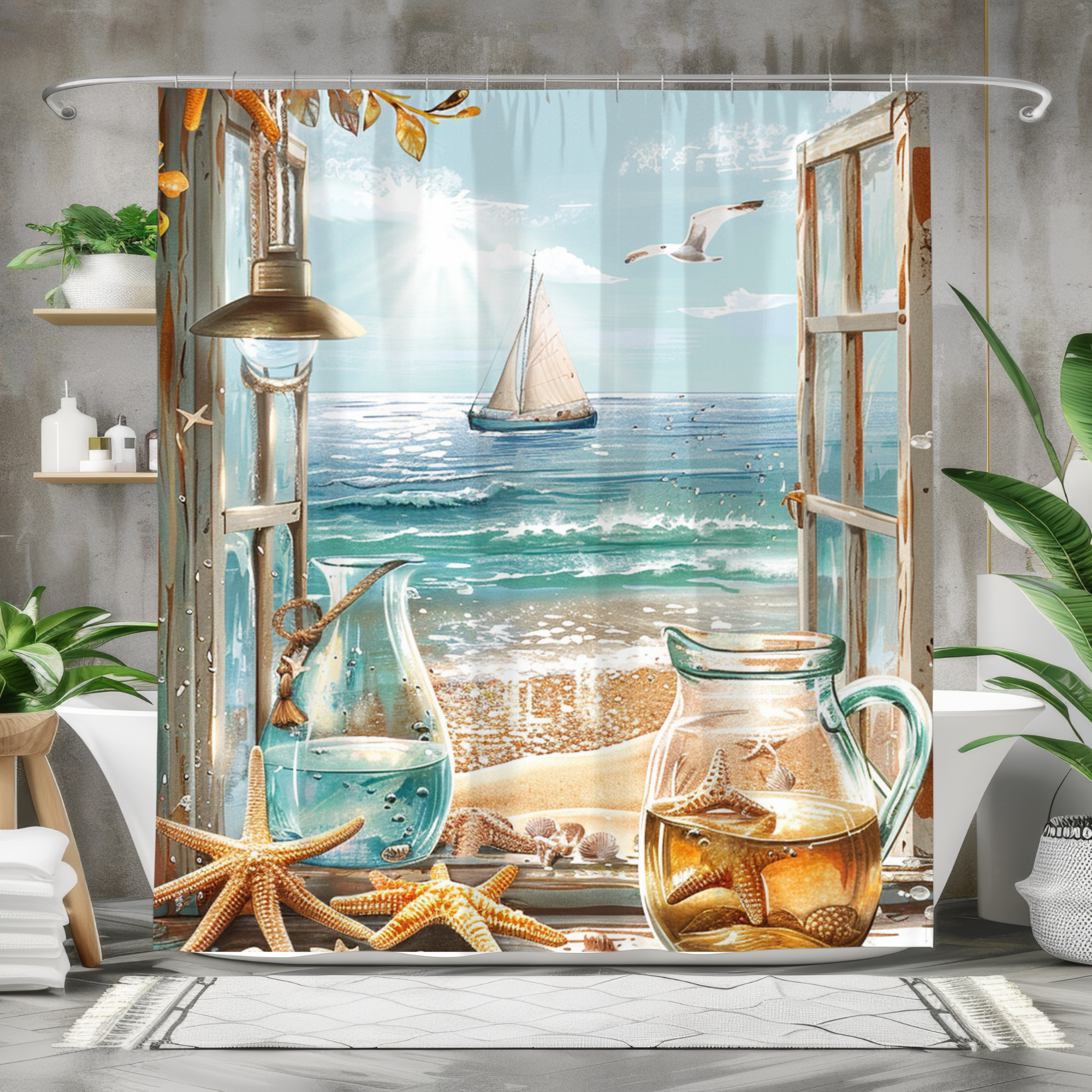 Seaside Window With Starfish and Sailboat – Nautical Beach Shower Curtain