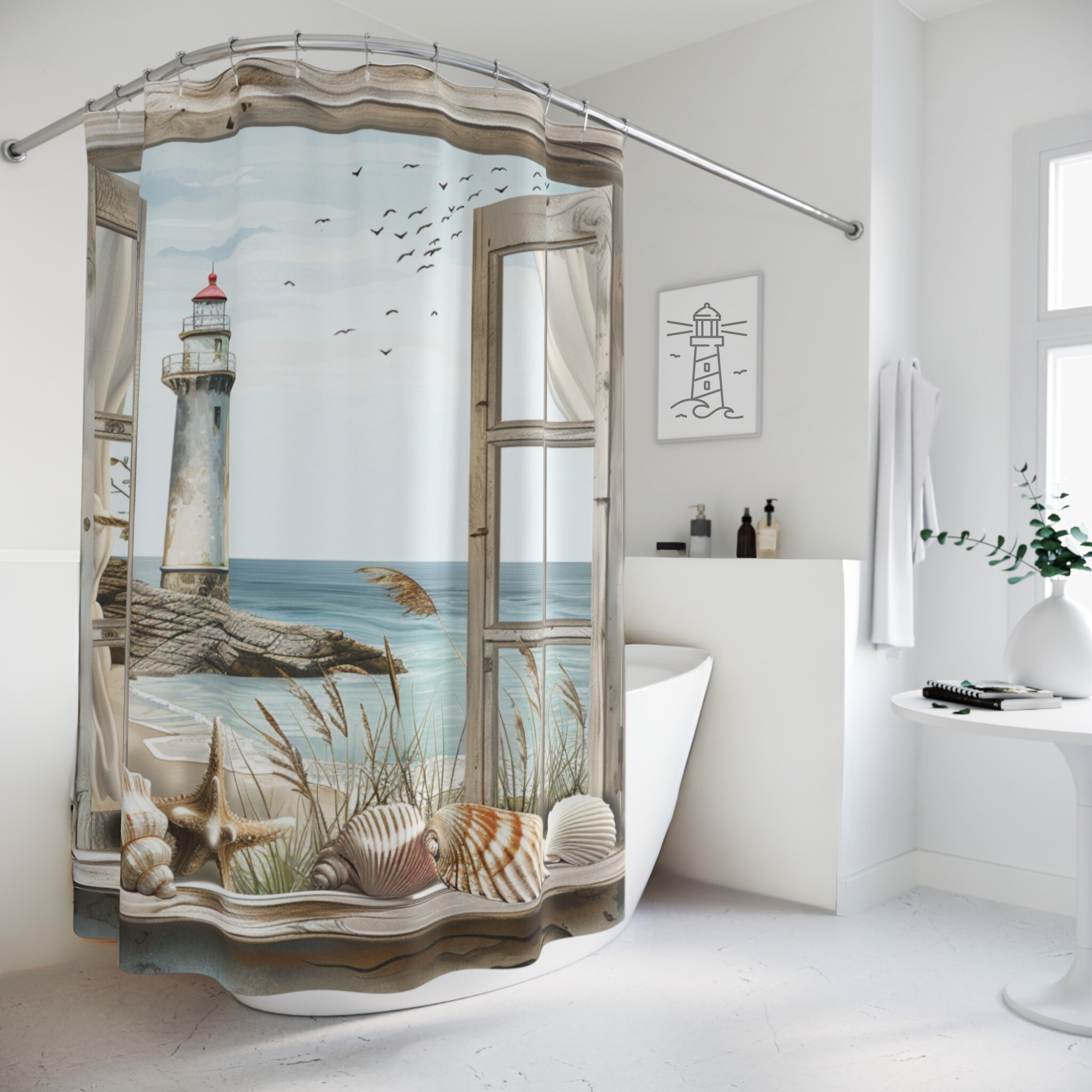 Lighthouse View With Seashell Windowsill – Coastal Beach Shower Curtain