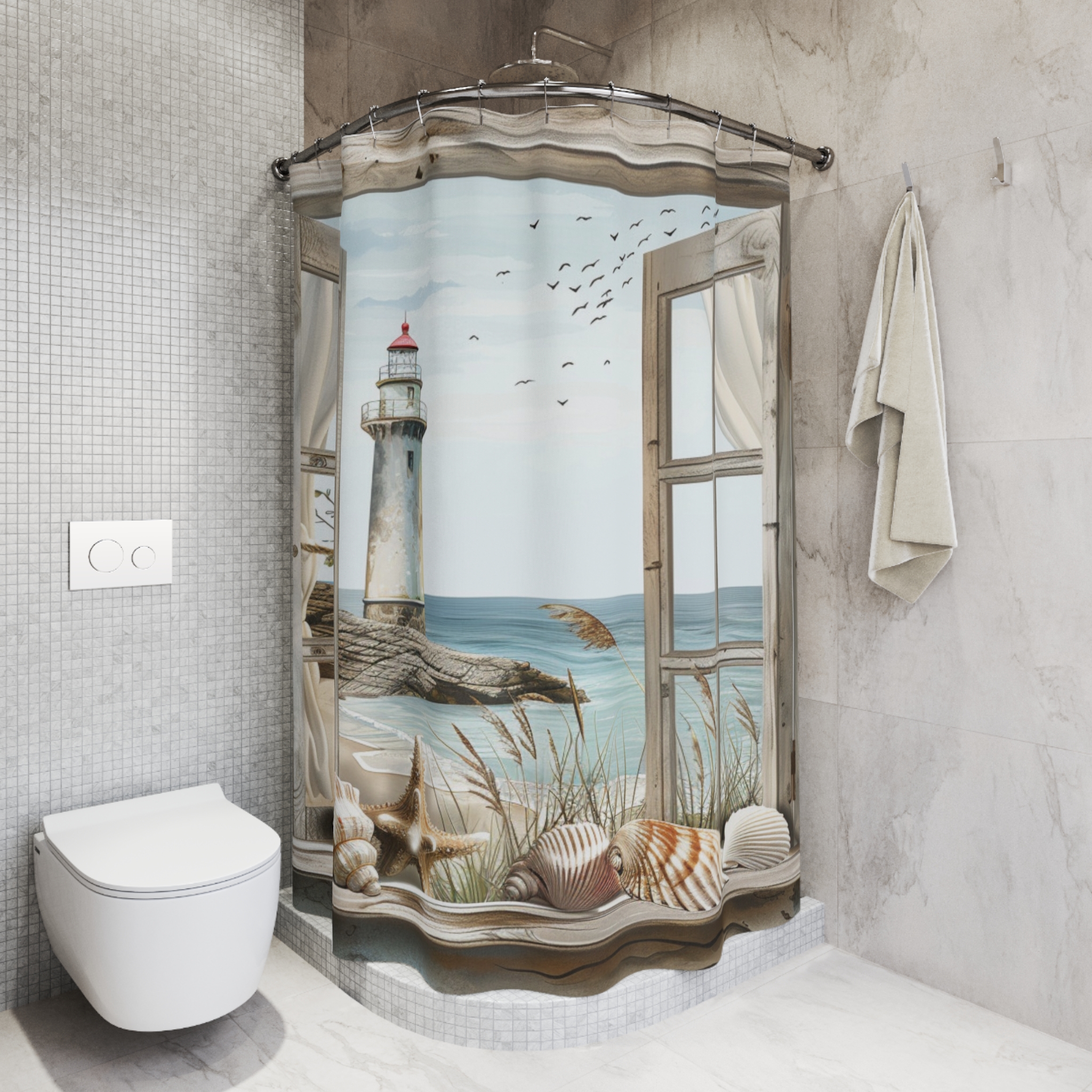 Lighthouse View With Seashell Windowsill – Coastal Beach Shower Curtain