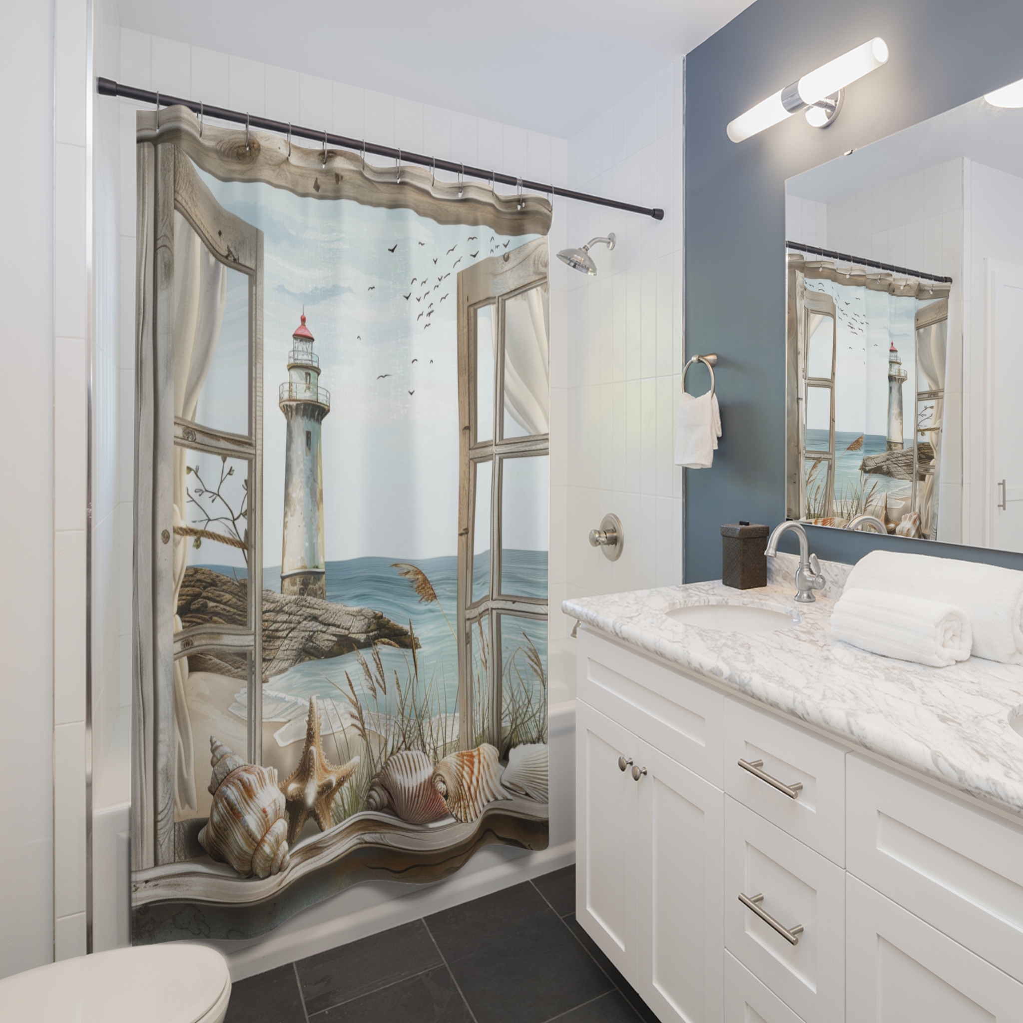 Lighthouse View With Seashell Windowsill – Coastal Beach Shower Curtain