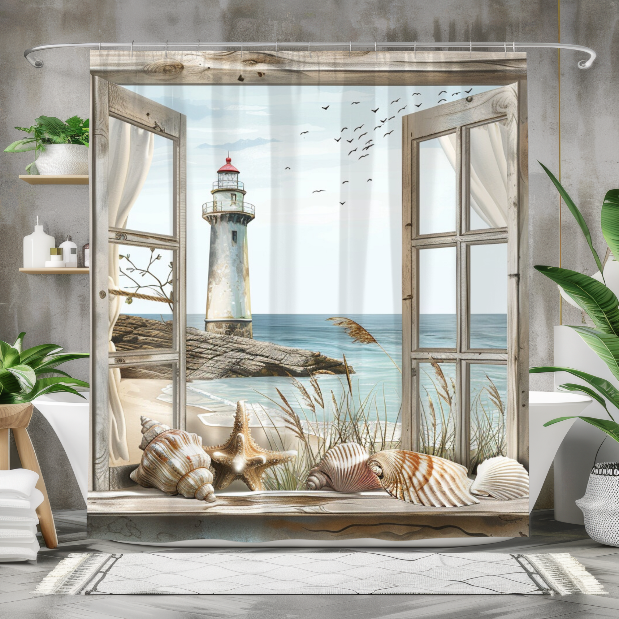 Lighthouse View With Seashell Windowsill – Coastal Beach Shower Curtain
