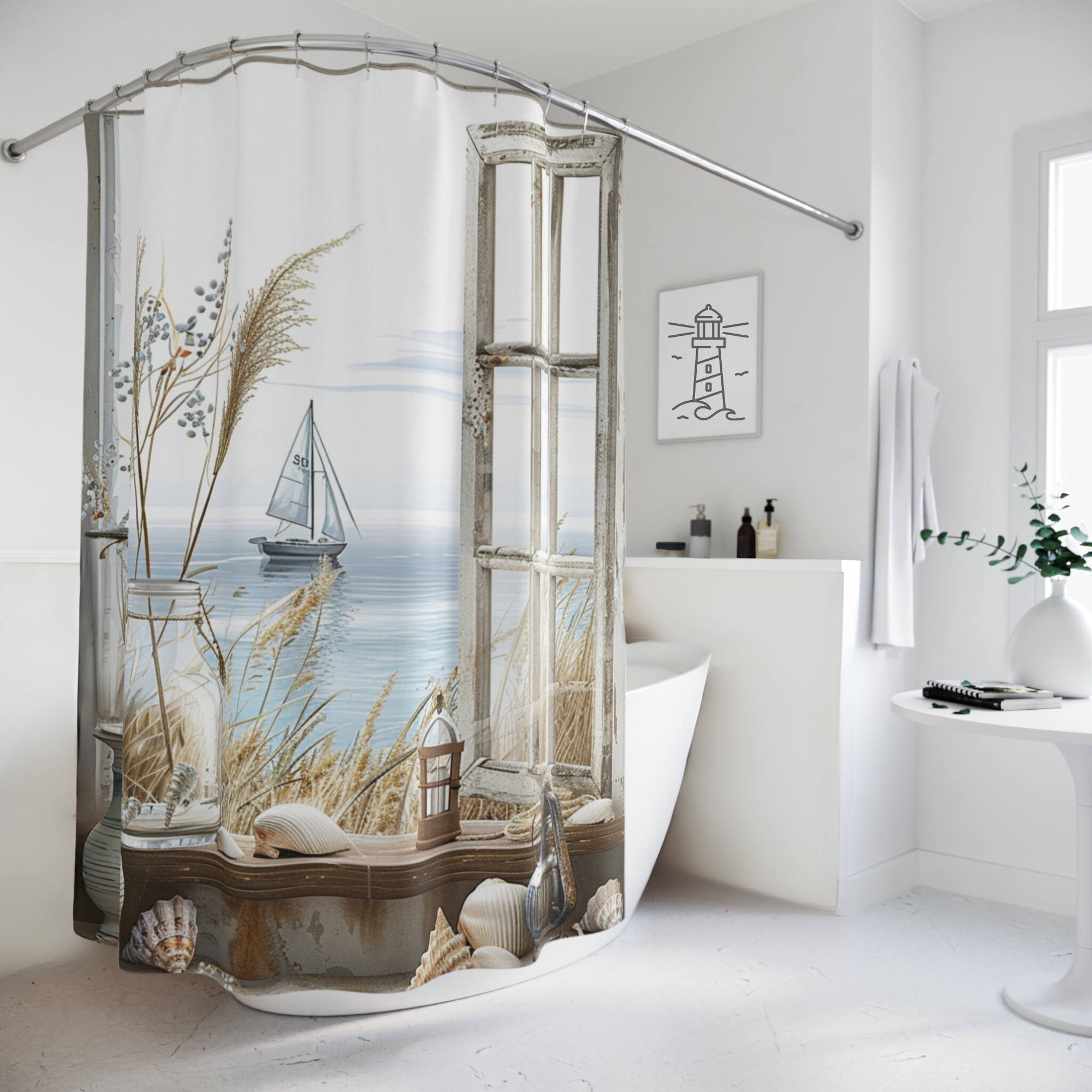 Rustic Window With Sailboat View – Neutral Coastal Shower Curtain