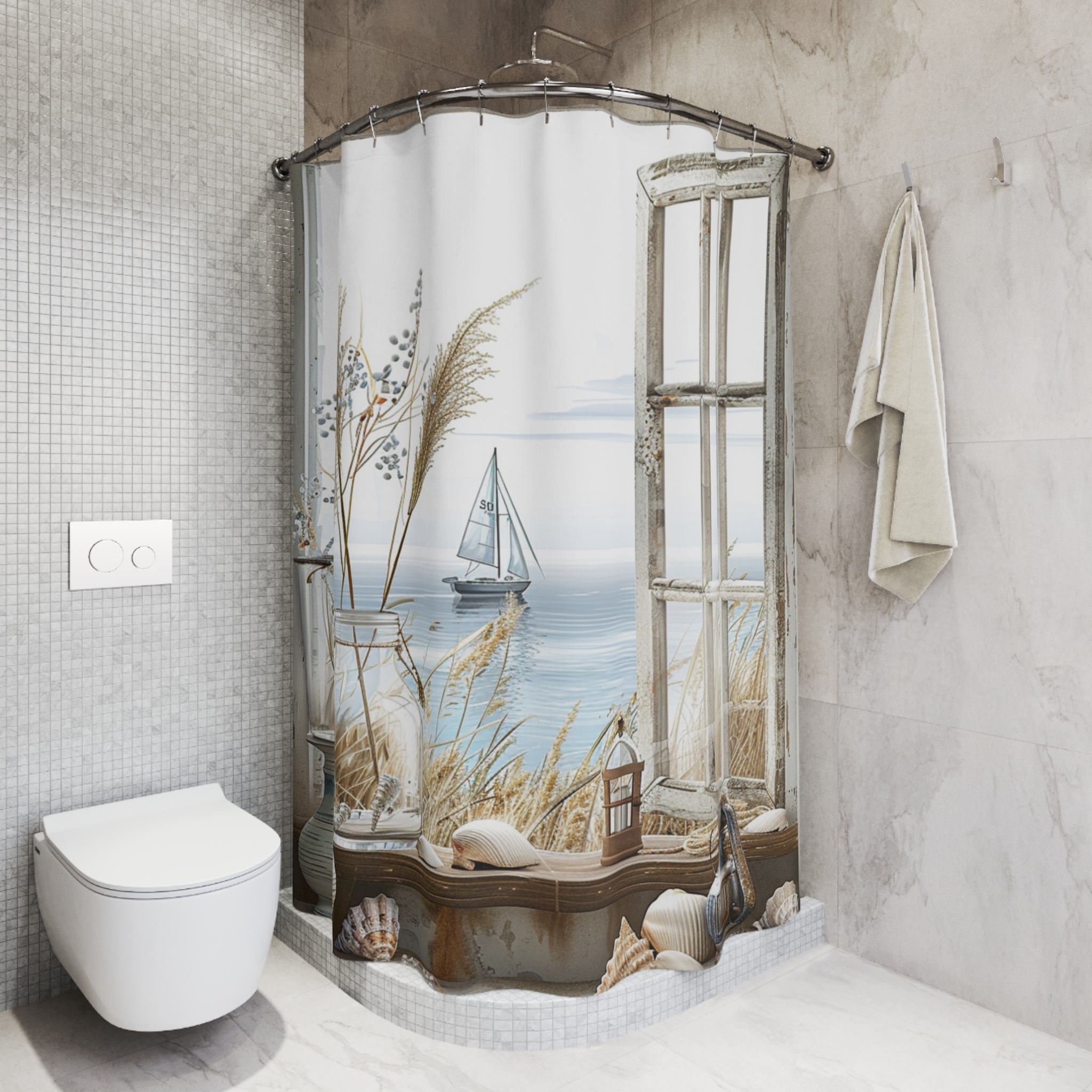 Rustic Window With Sailboat View – Neutral Coastal Shower Curtain