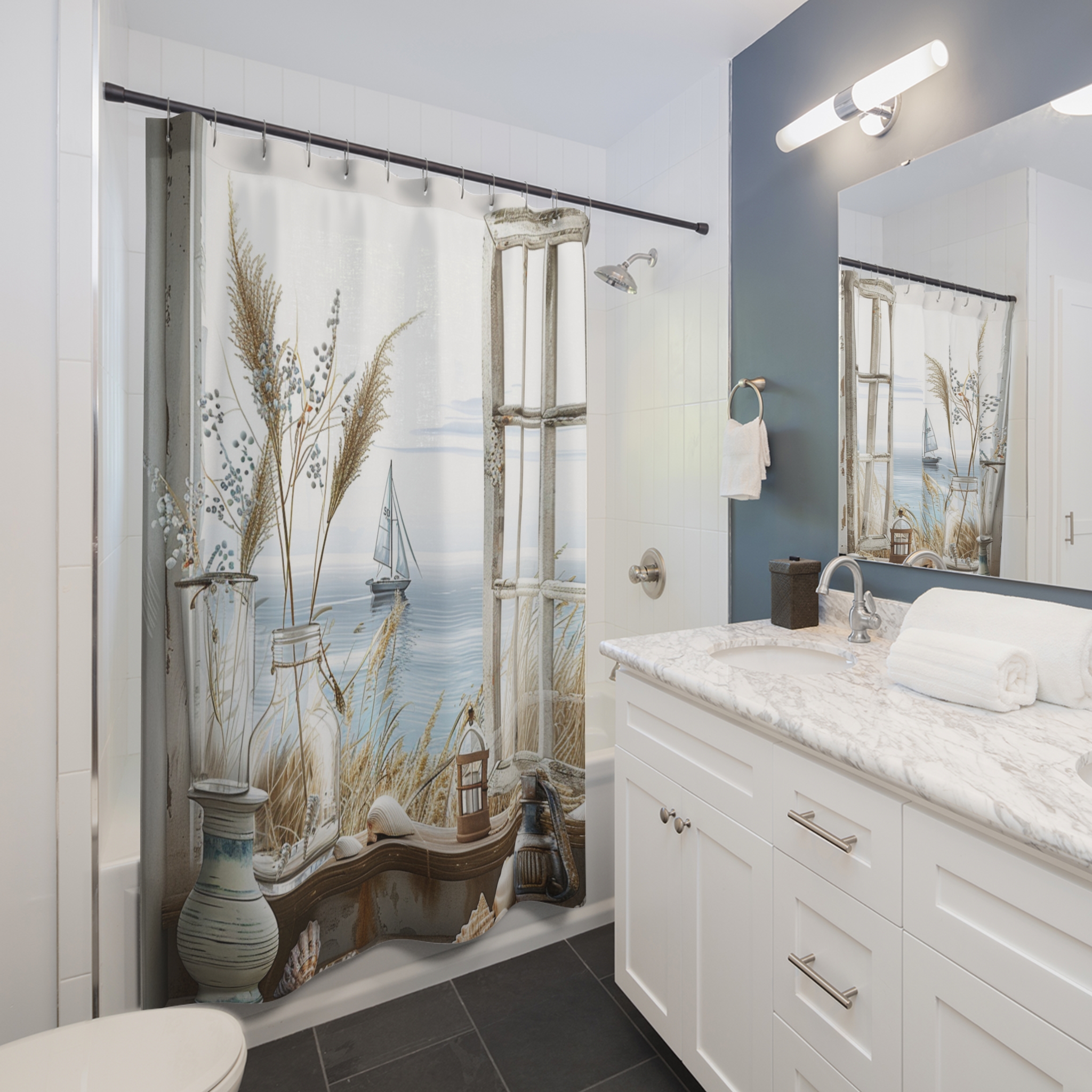 Rustic Window With Sailboat View – Neutral Coastal Shower Curtain
