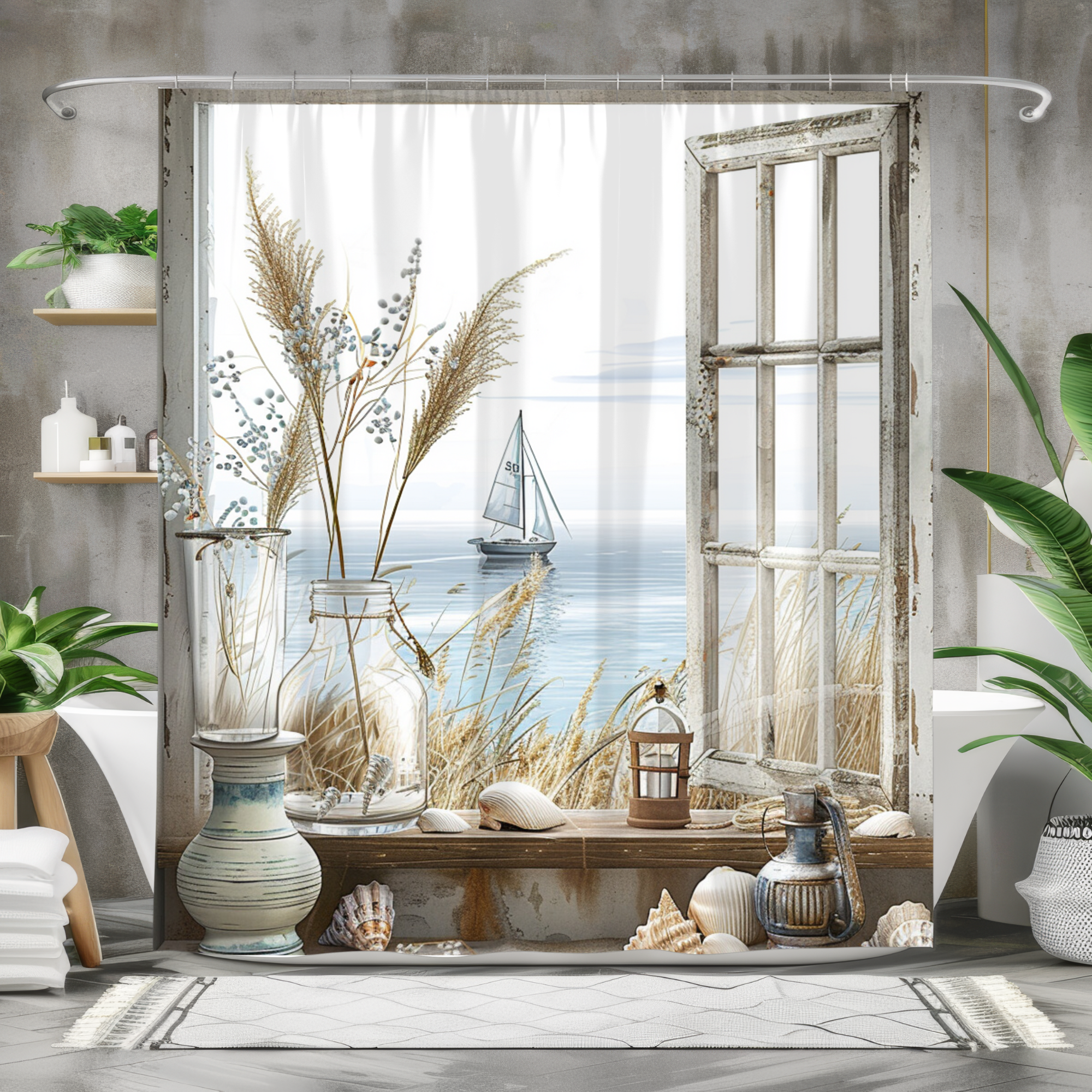 Rustic Window With Sailboat View – Neutral Coastal Shower Curtain