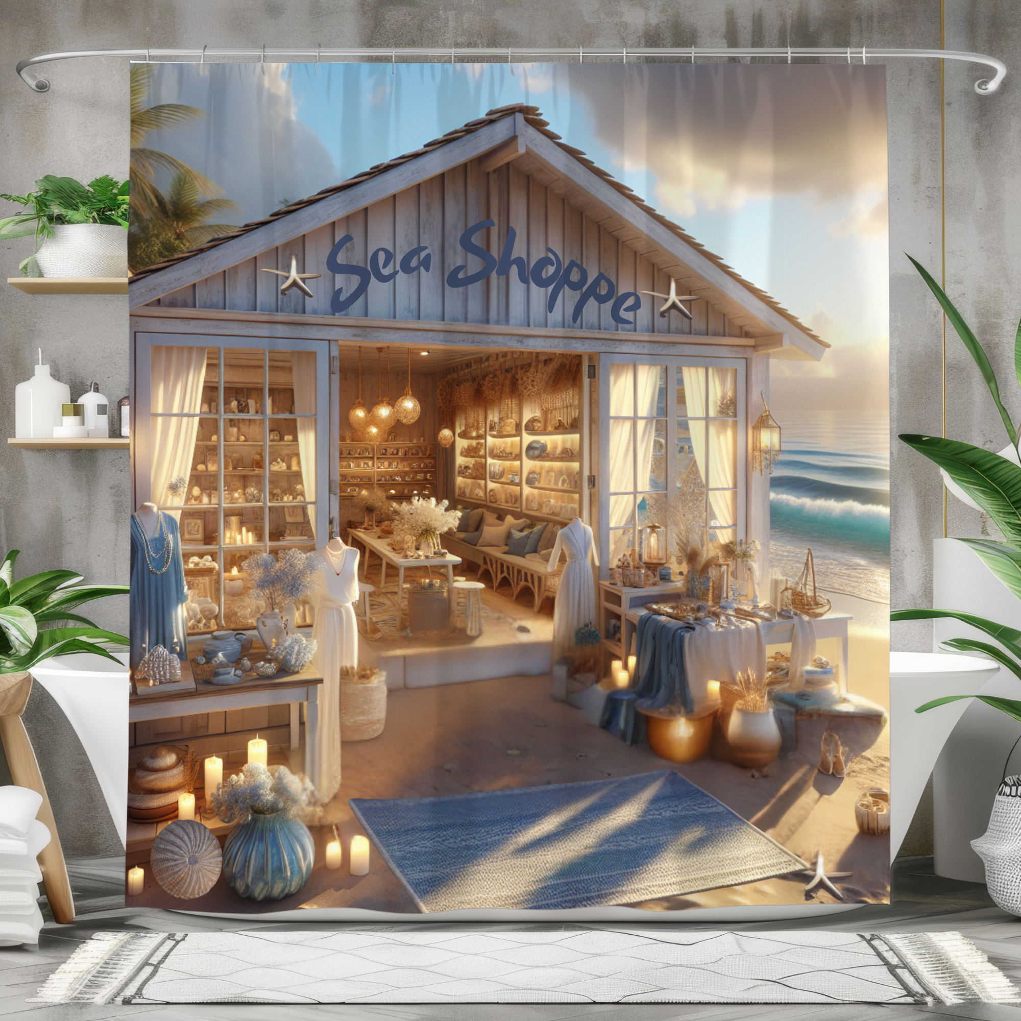 Coastal Sea Shoppe by the Shore – Nautical Boutique Shower Curtain