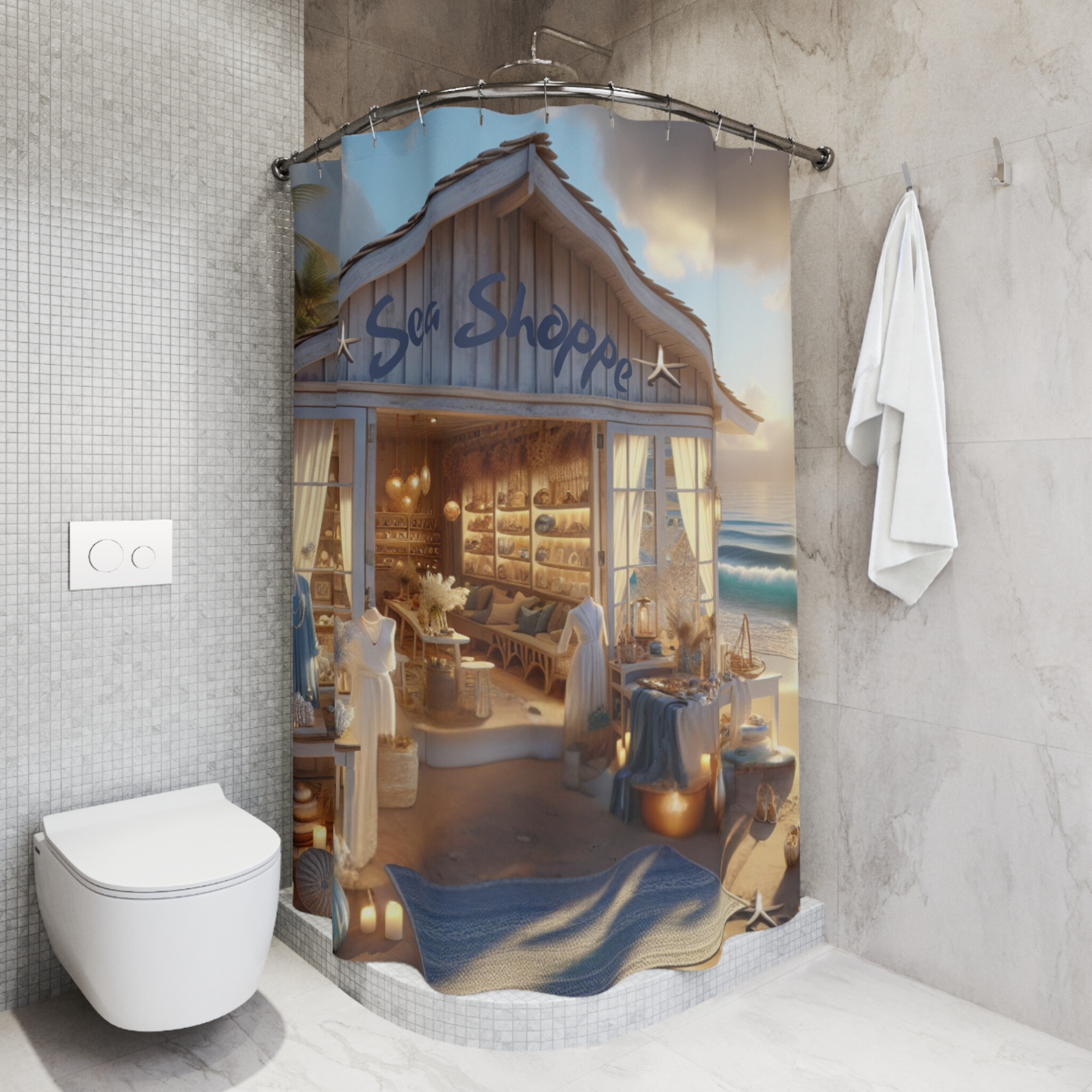 Coastal Sea Shoppe by the Shore – Nautical Boutique Shower Curtain