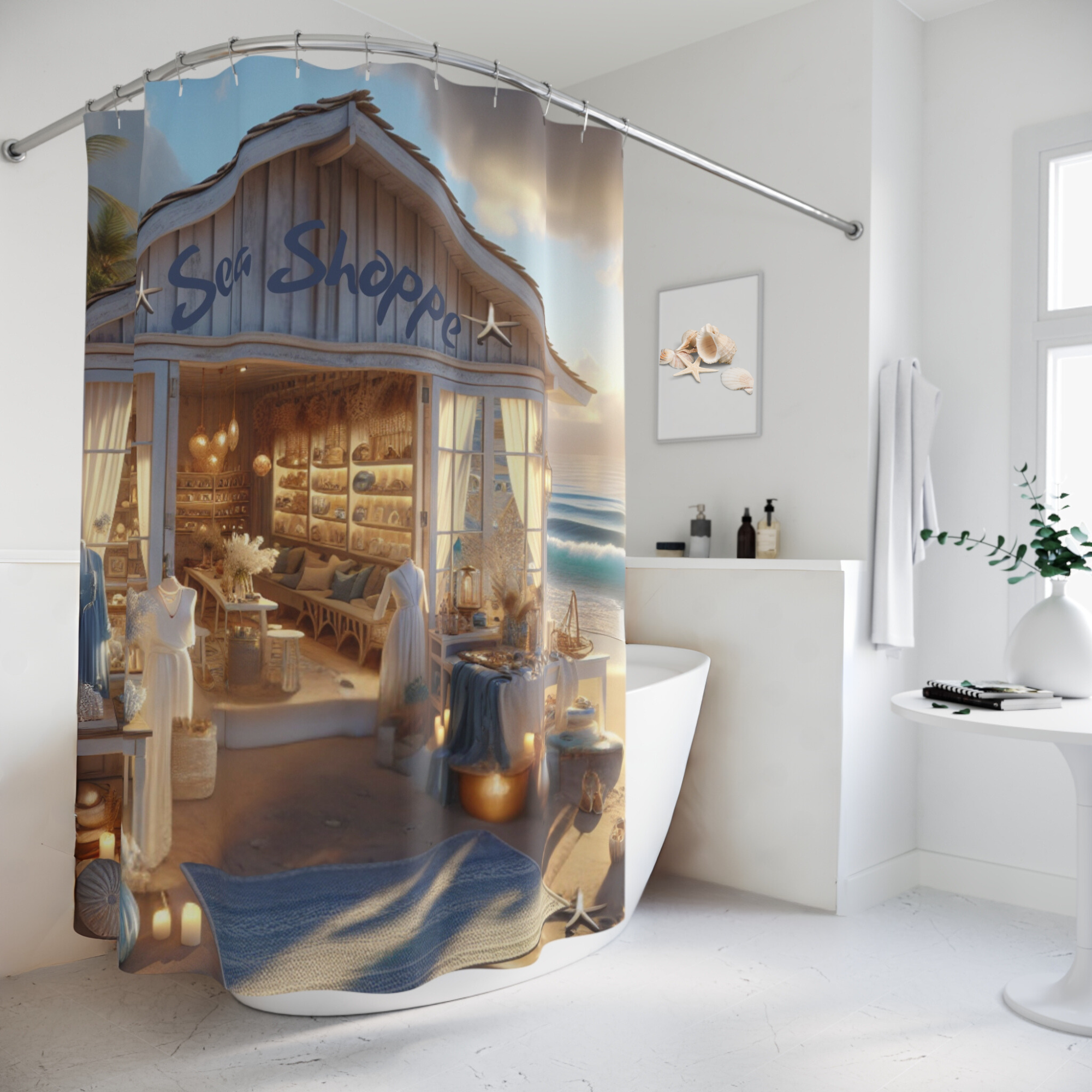 Coastal Sea Shoppe by the Shore – Nautical Boutique Shower Curtain