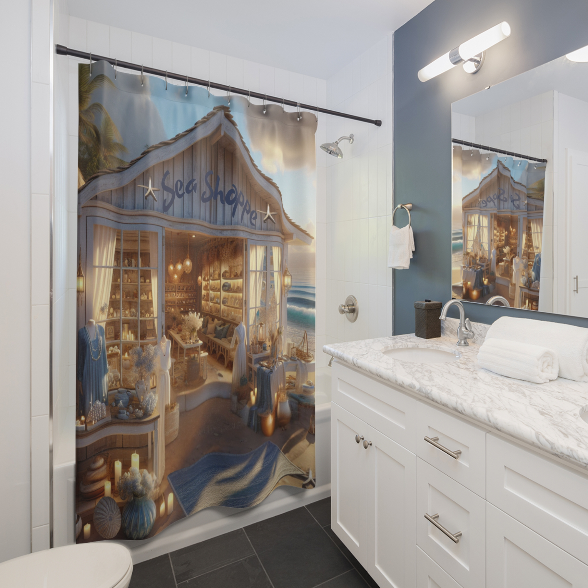 Coastal Sea Shoppe by the Shore – Nautical Boutique Shower Curtain
