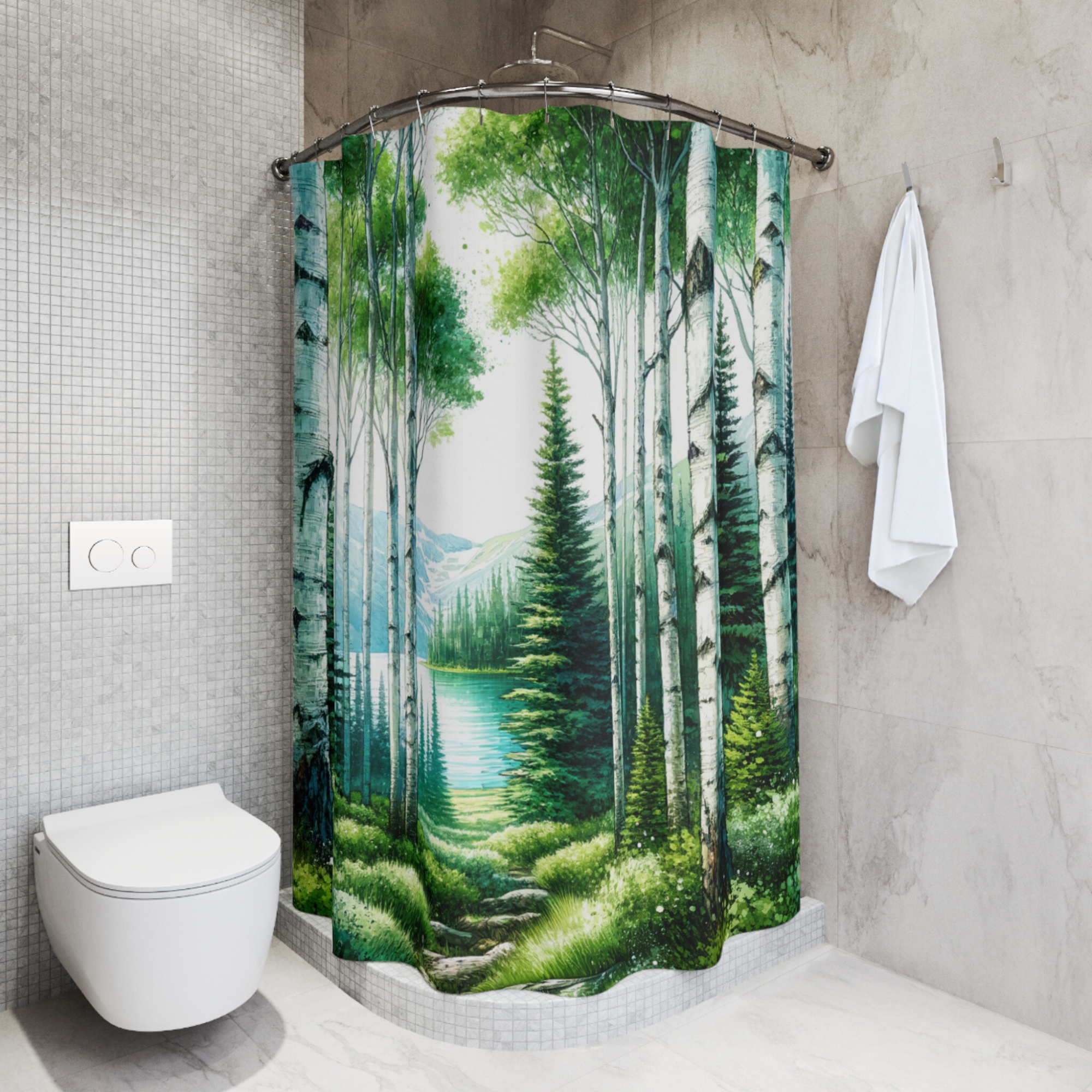 Aspen Forest Pathway by the Lake – Nature Landscape Shower Curtain