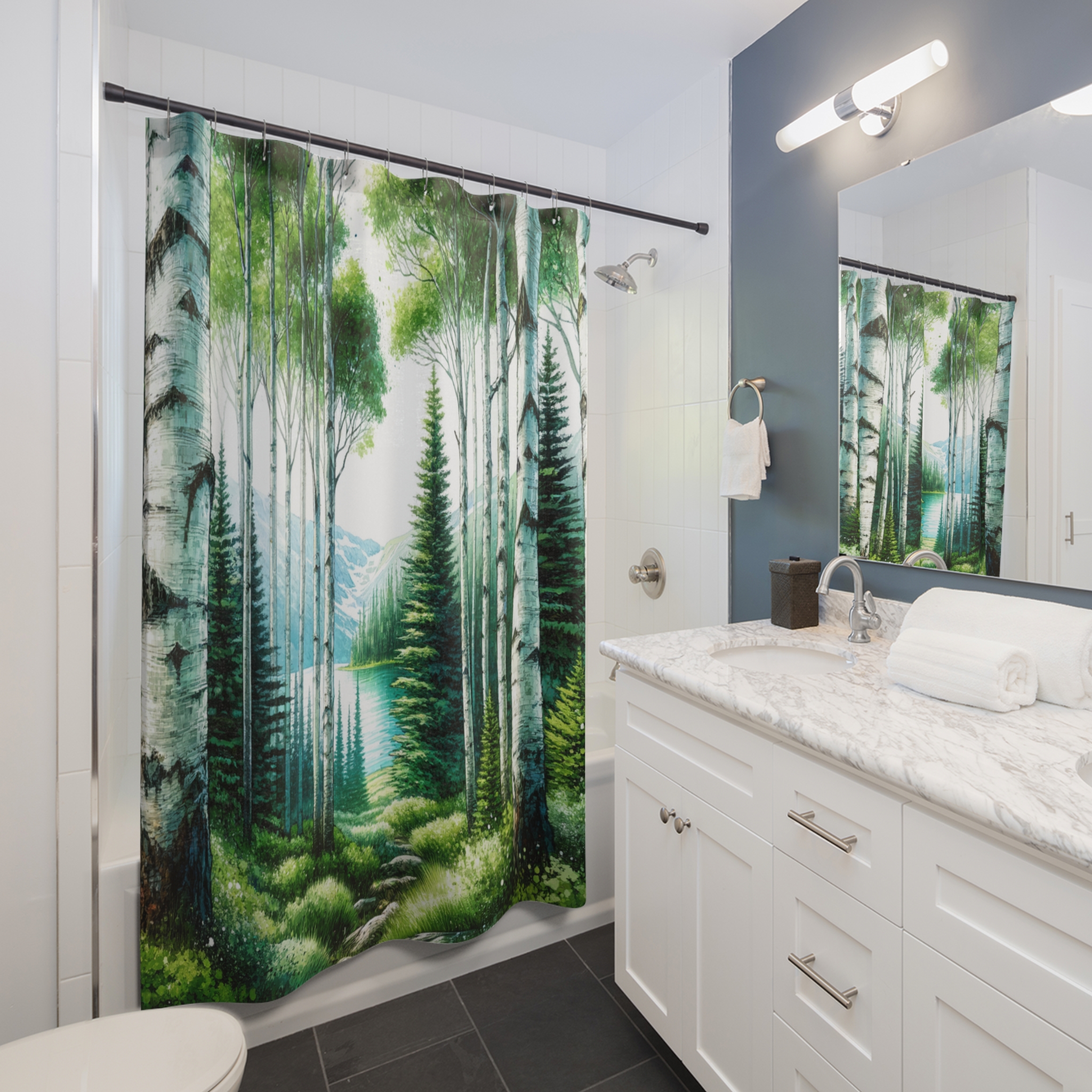Aspen Forest Pathway by the Lake – Nature Landscape Shower Curtain