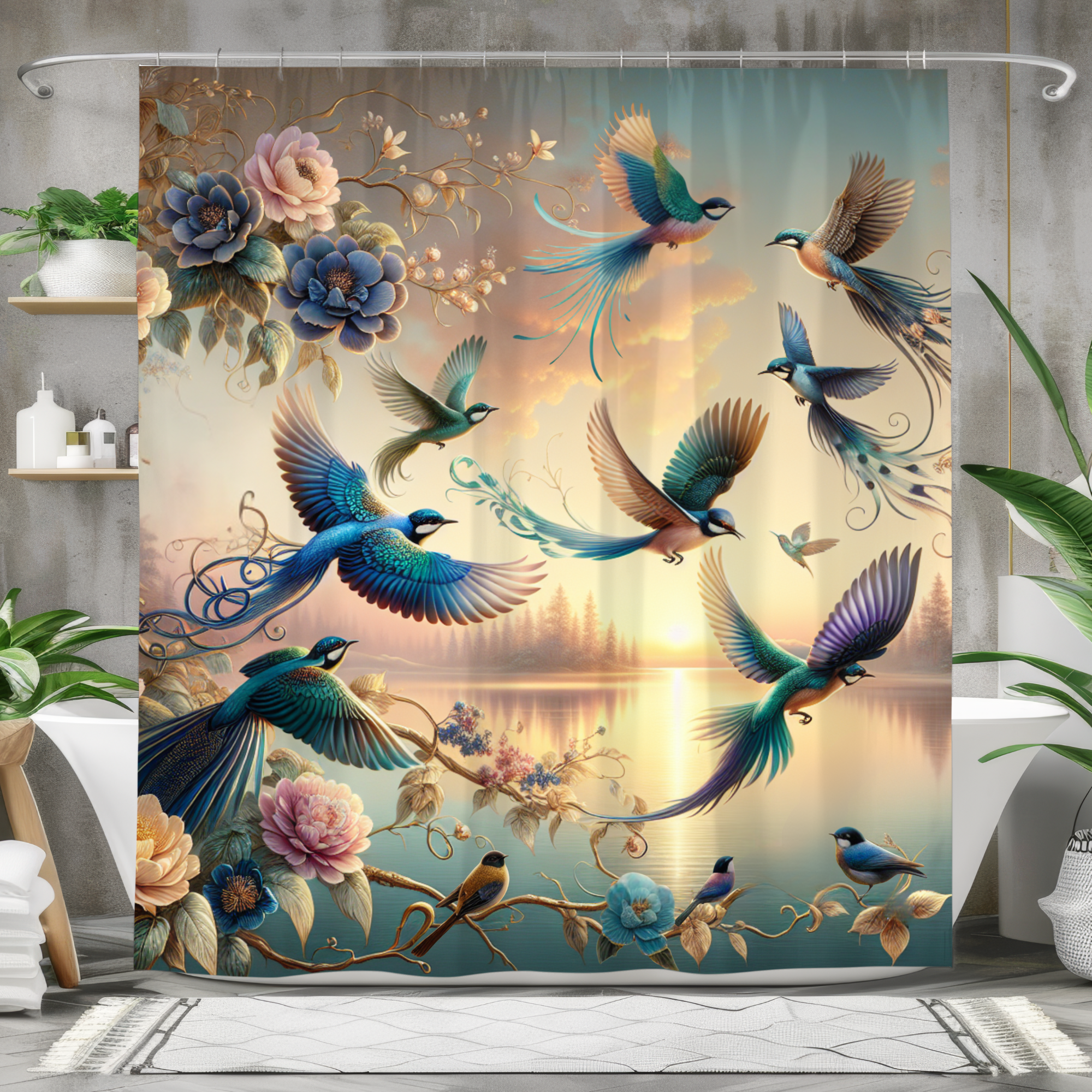 Sunset Flight of Songbirds – Enchanted Bird and Floral Shower Curtain