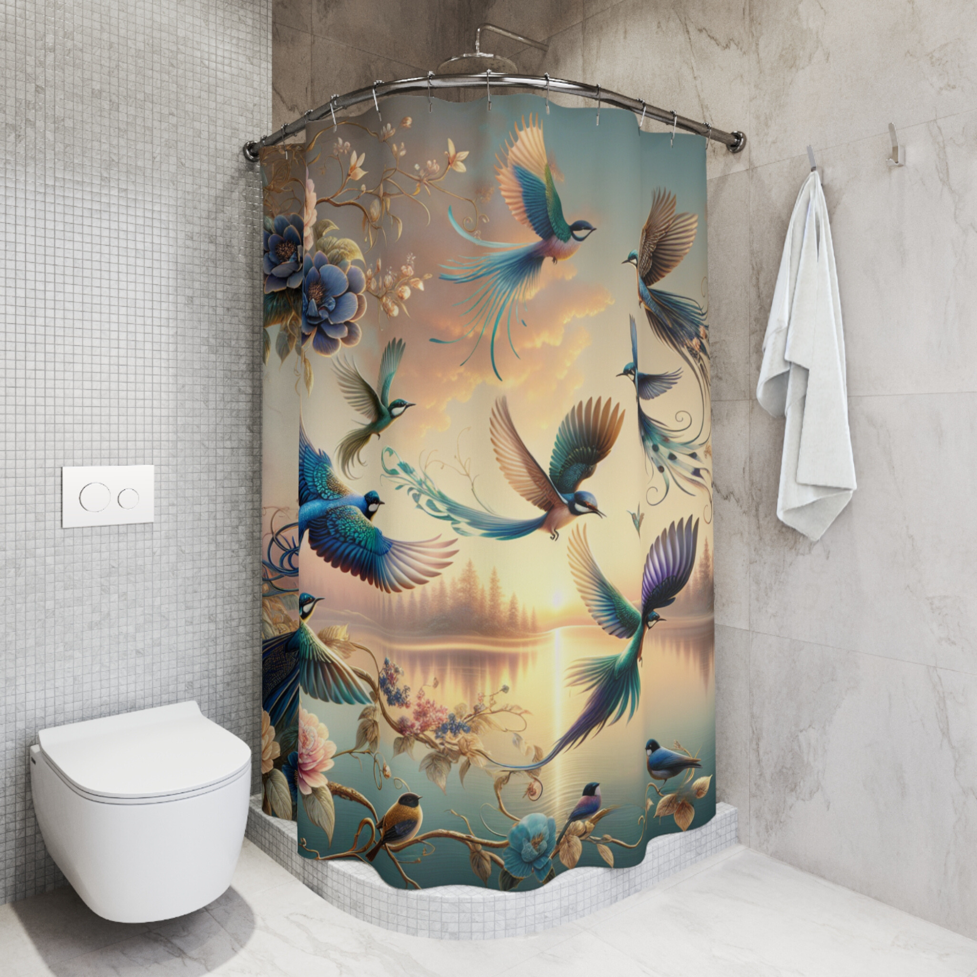 Sunset Flight of Songbirds – Enchanted Bird and Floral Shower Curtain
