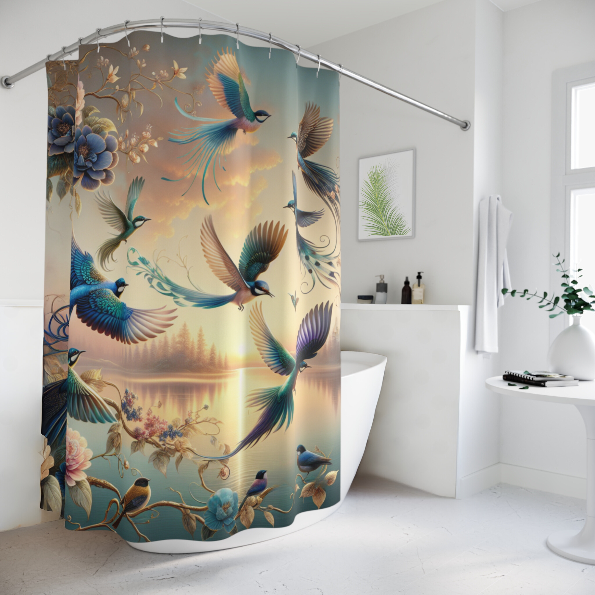 Sunset Flight of Songbirds – Enchanted Bird and Floral Shower Curtain
