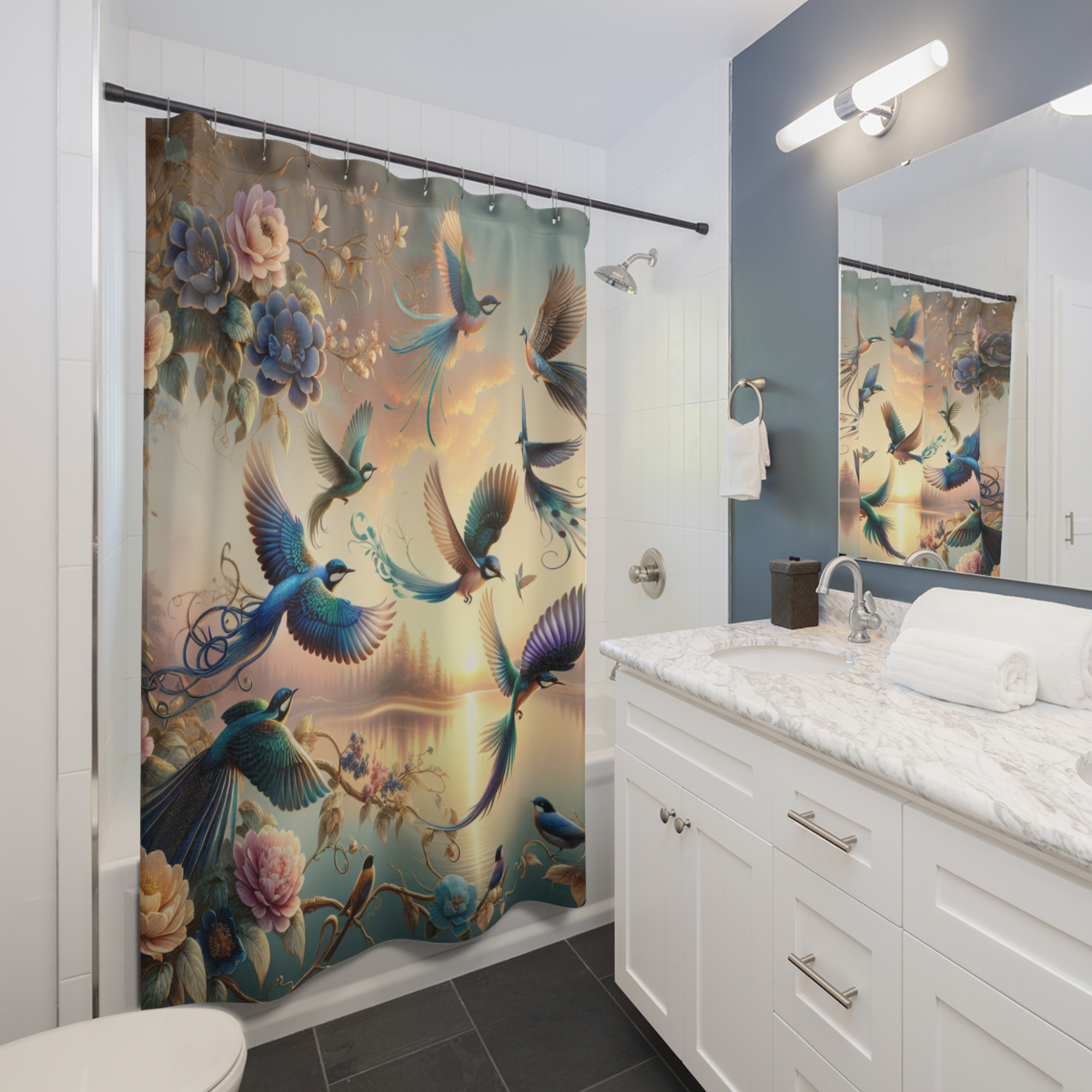 Sunset Flight of Songbirds – Enchanted Bird and Floral Shower Curtain