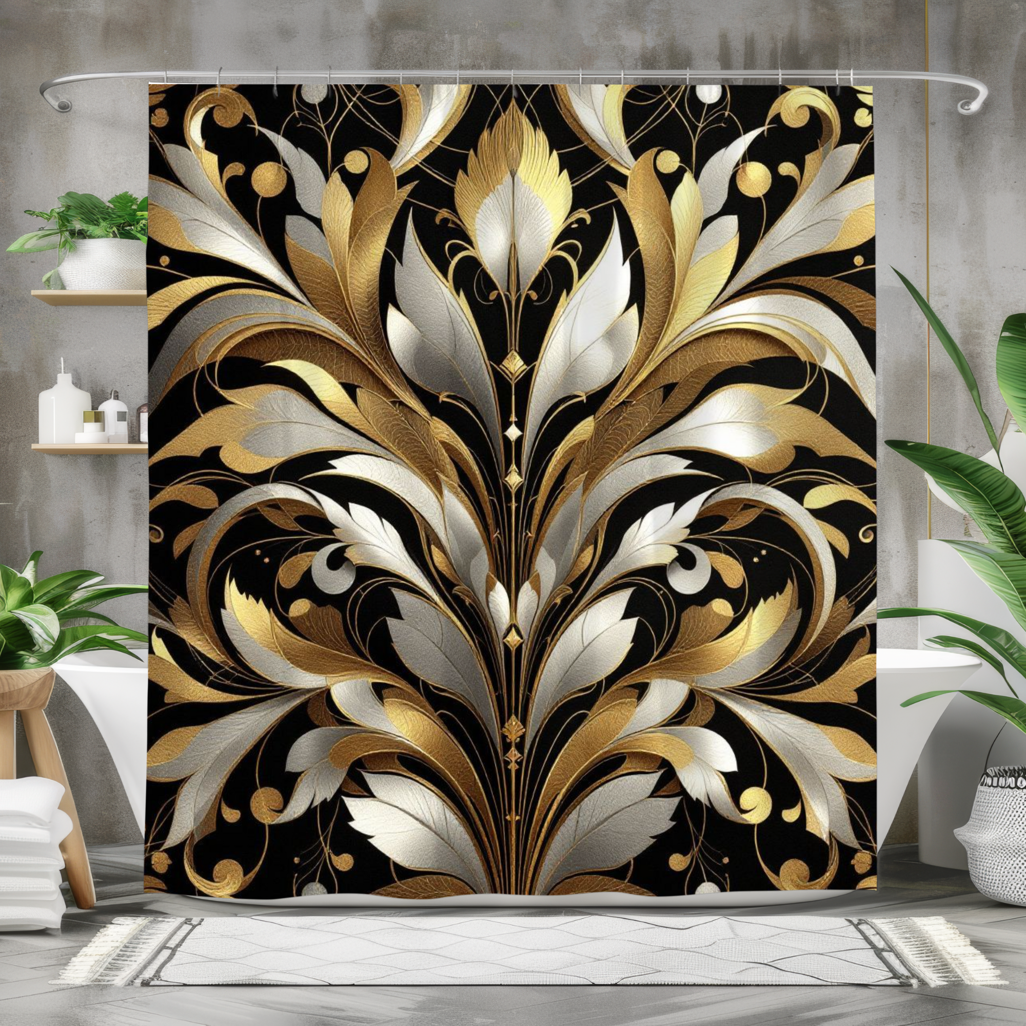 Gold and Silver Flourish on Black – Art Deco Glam Shower Curtain