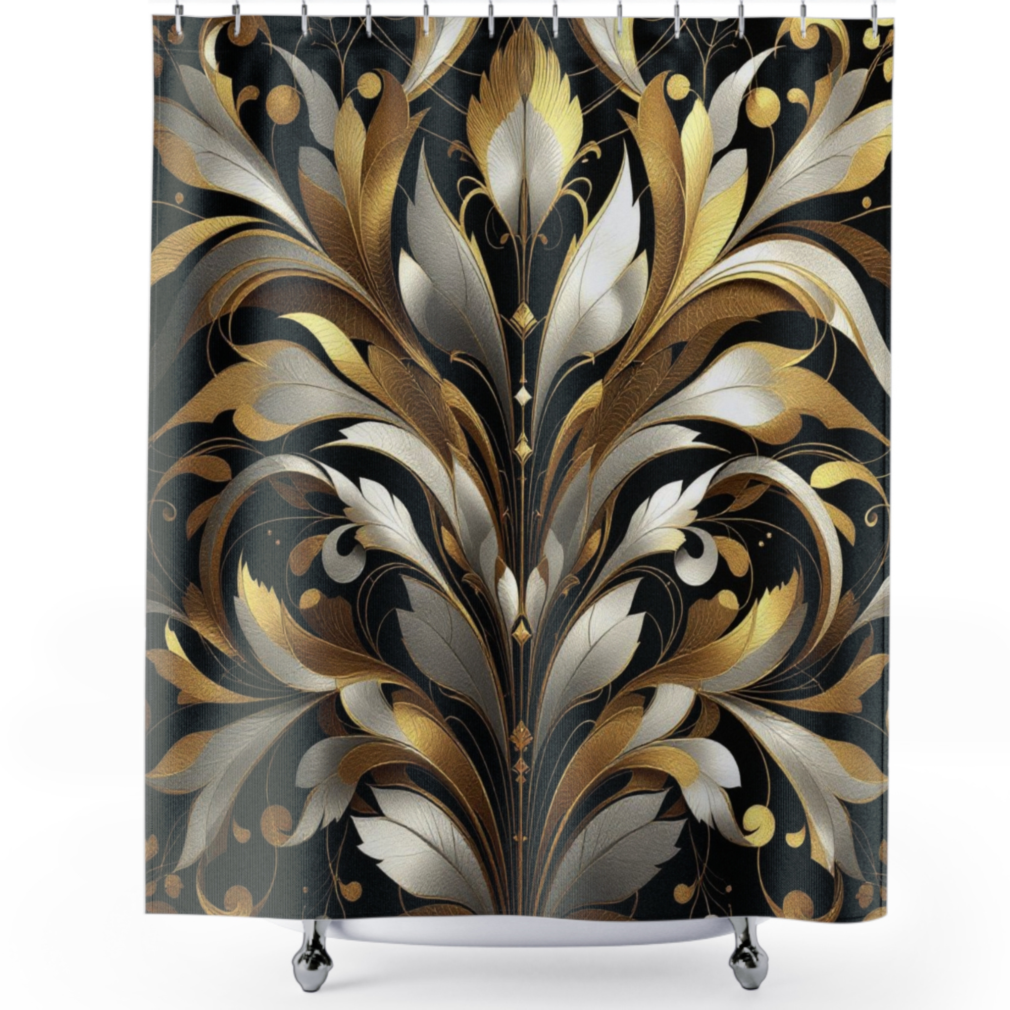Gold and Silver Flourish on Black – Art Deco Glam Shower Curtain