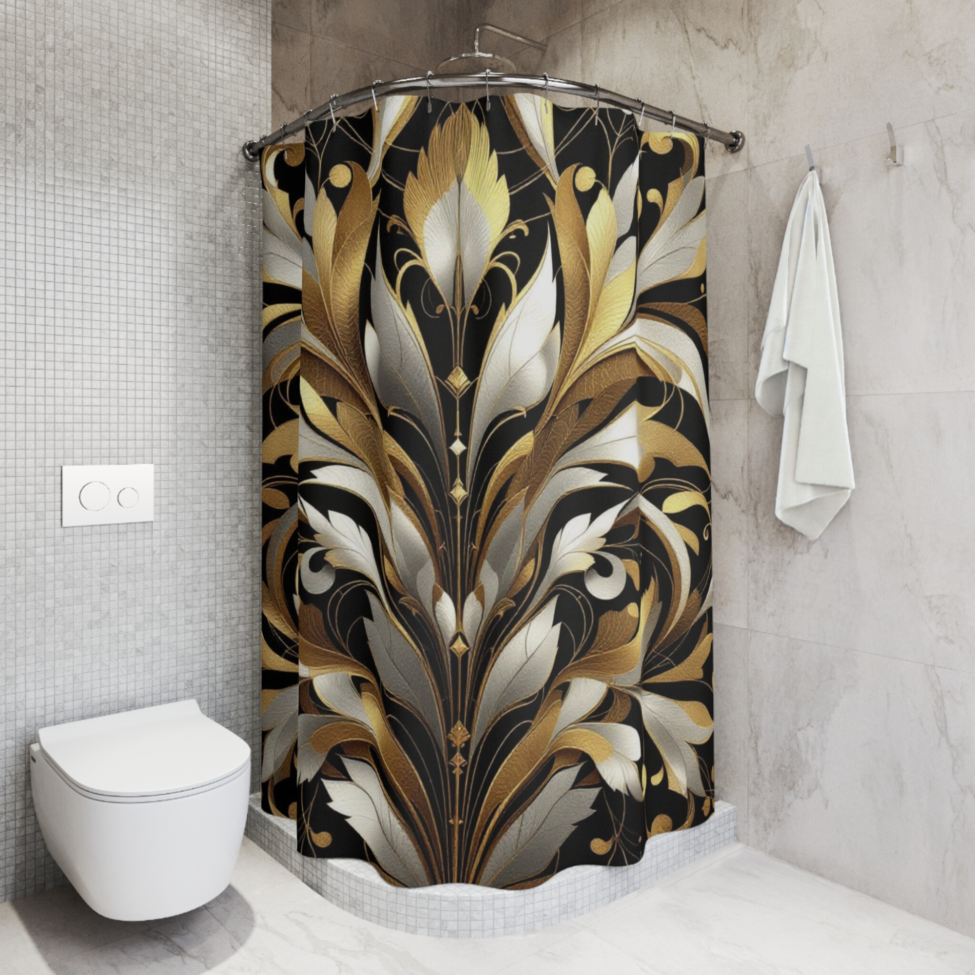 Gold and Silver Flourish on Black – Art Deco Glam Shower Curtain
