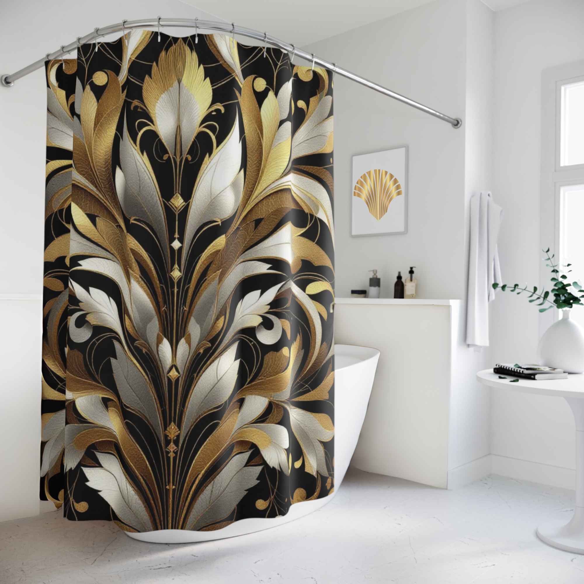 Gold and Silver Flourish on Black – Art Deco Glam Shower Curtain