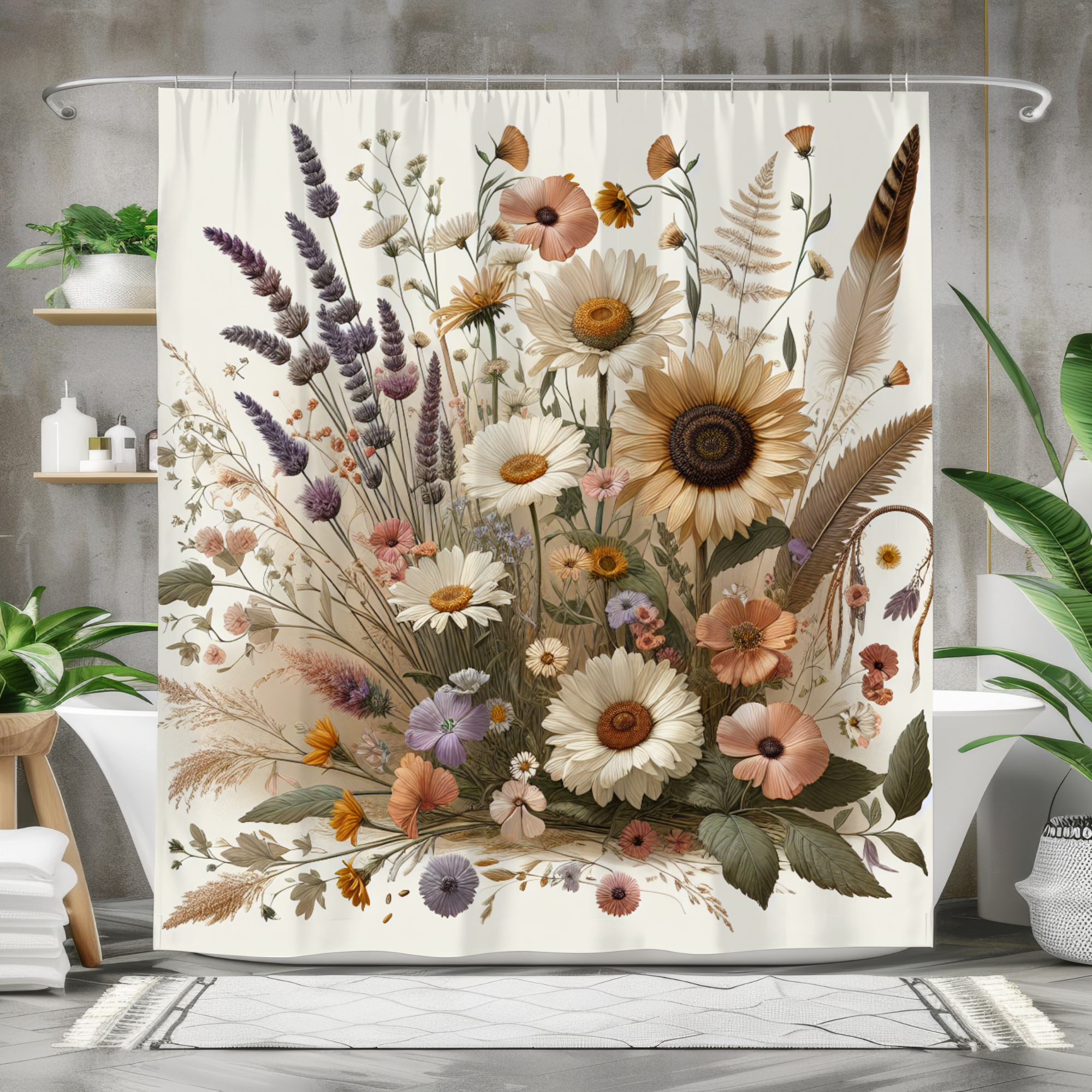 Wild Garden Blooms in Soft Neutrals – Vintage Floral Shower Curtain