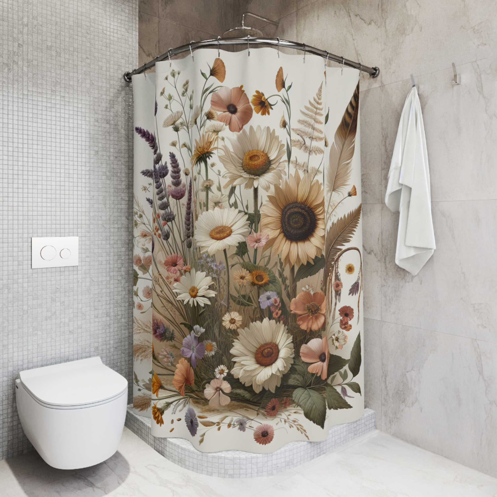Wild Garden Blooms in Soft Neutrals – Vintage Floral Shower Curtain