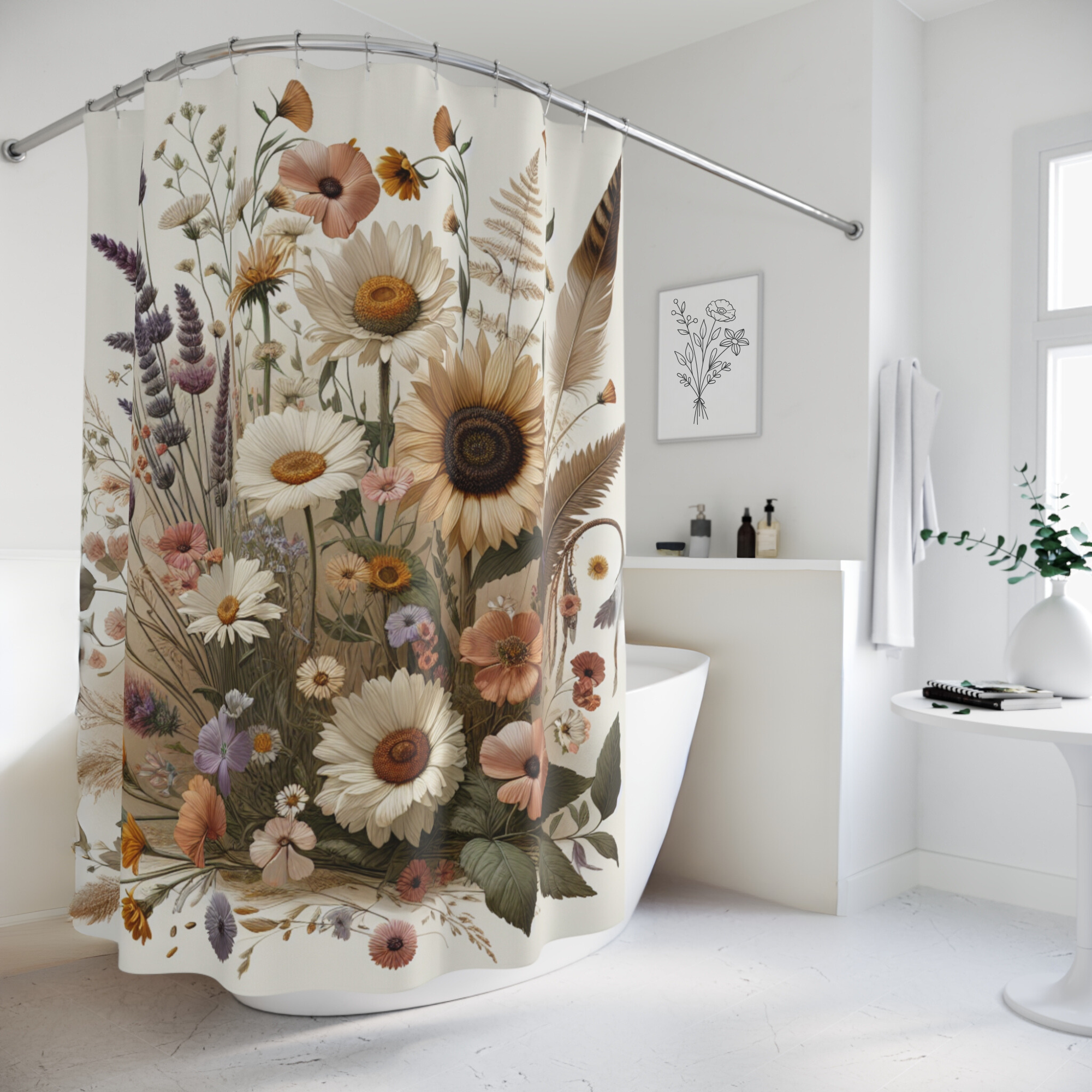 Wild Garden Blooms in Soft Neutrals – Vintage Floral Shower Curtain