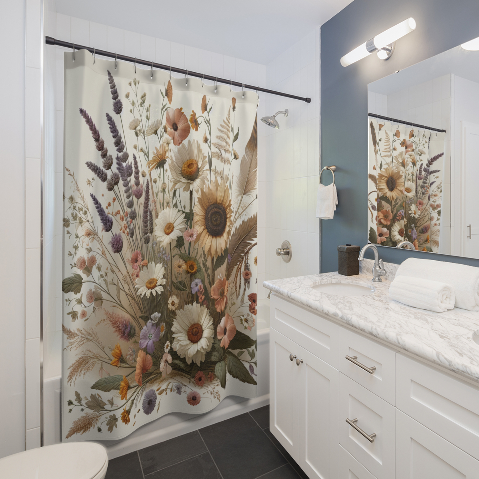 Wild Garden Blooms in Soft Neutrals – Vintage Floral Shower Curtain