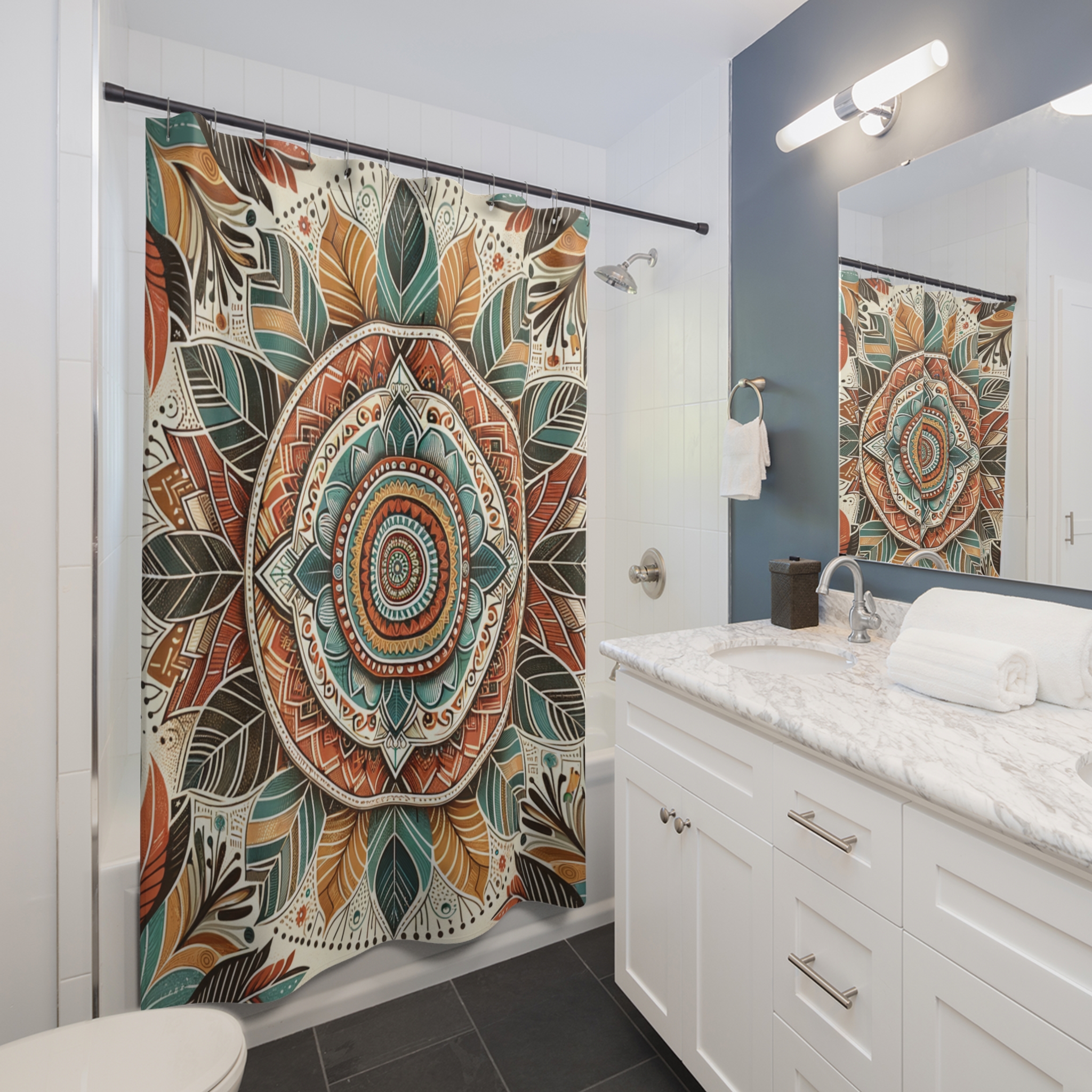 Tribal Boho Mandala in Earth Tones – Bold Geometric Shower Curtain
