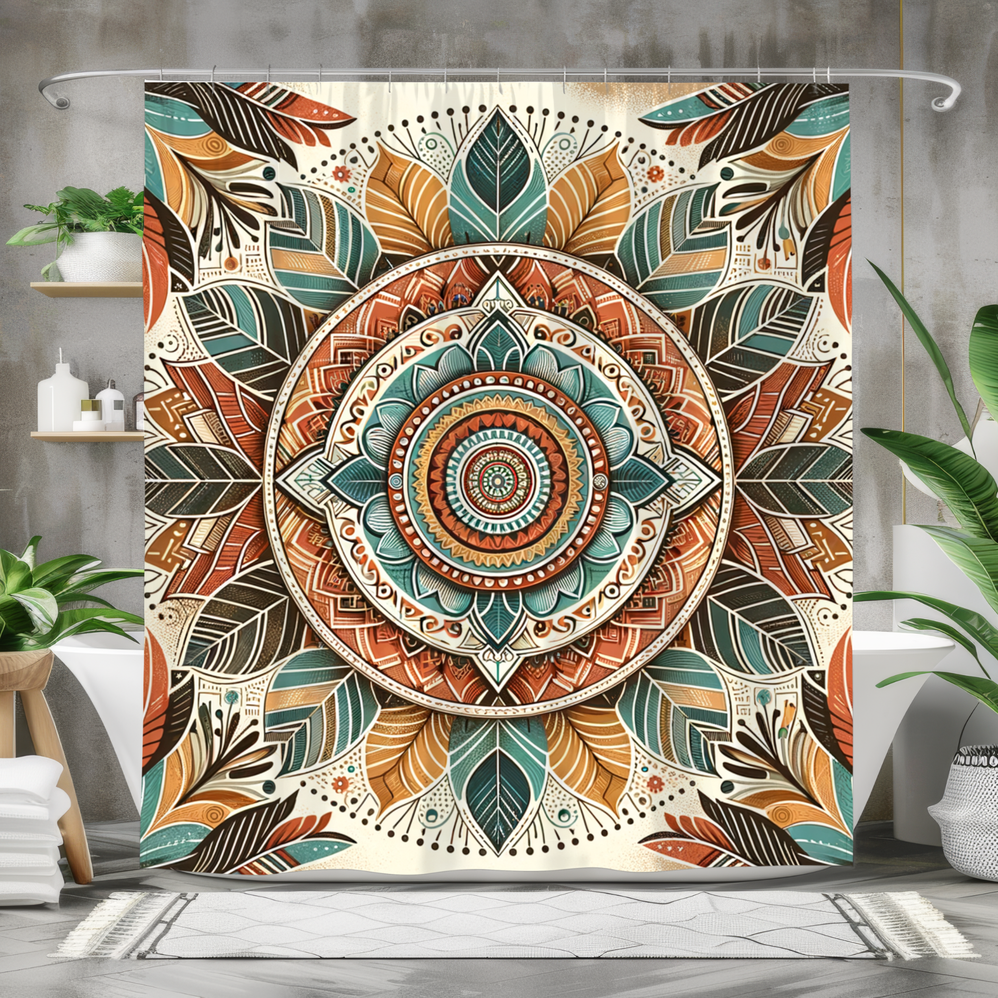 Tribal Boho Mandala in Earth Tones – Bold Geometric Shower Curtain