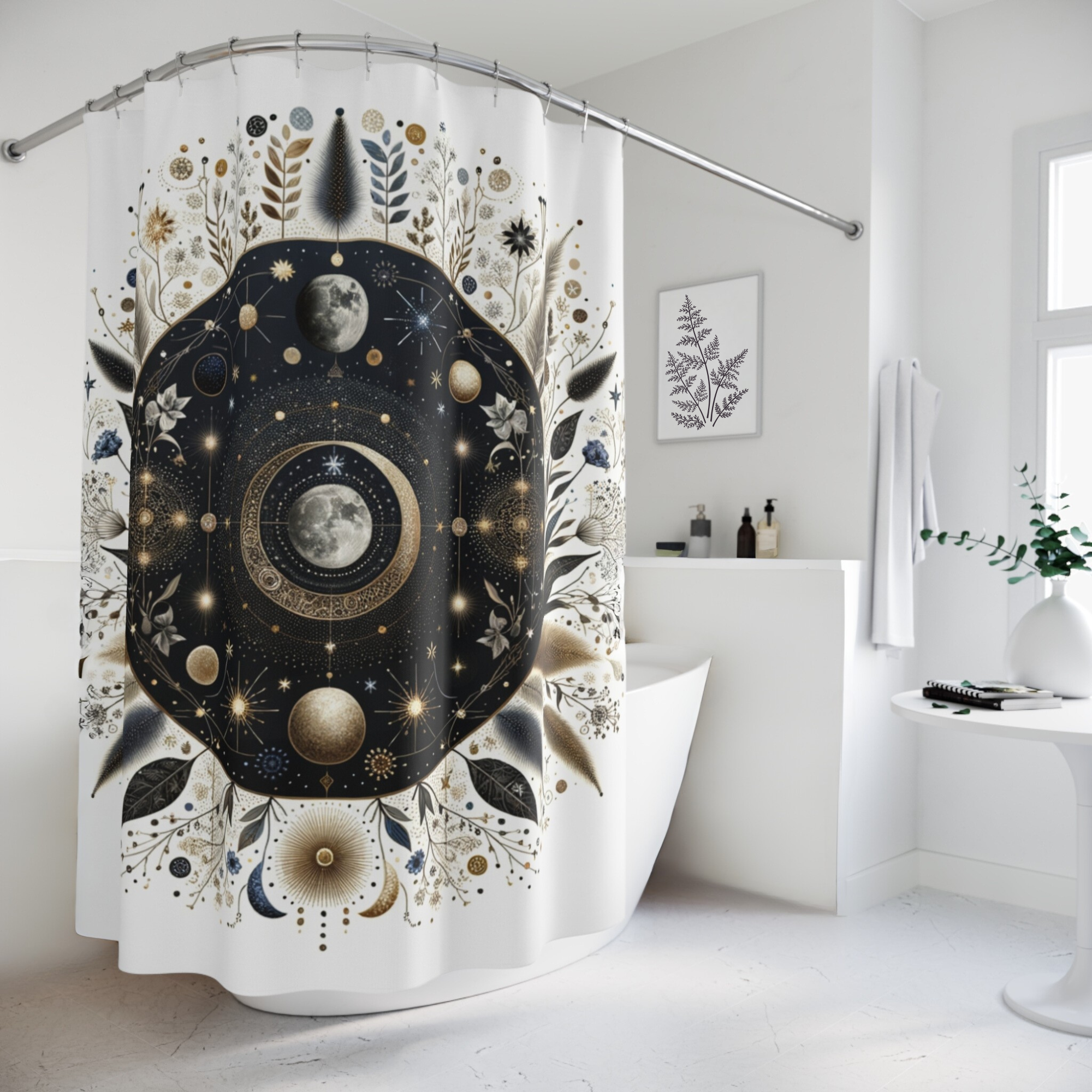 Celestial Moon Phase Garden – Boho Lunar Shower Curtain