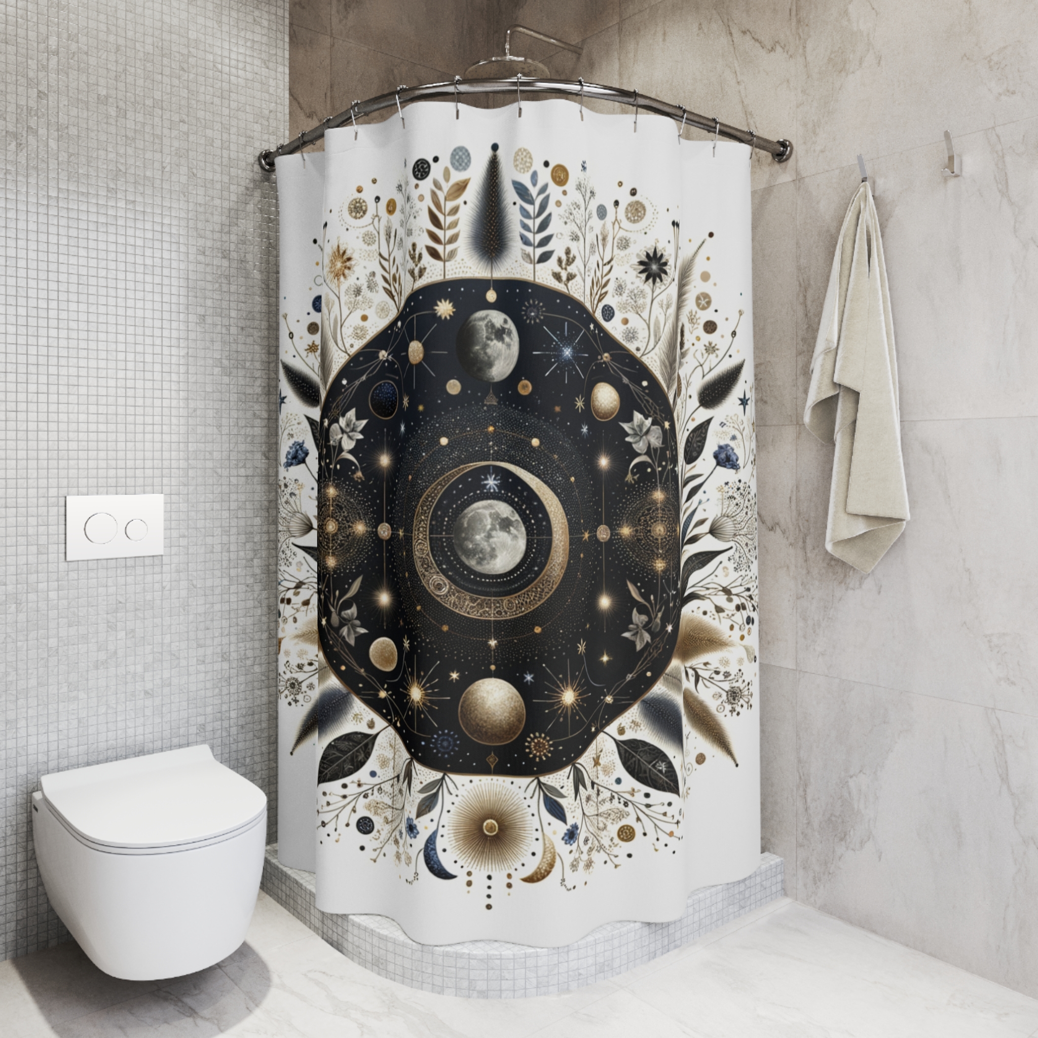 Celestial Moon Phase Garden – Boho Lunar Shower Curtain
