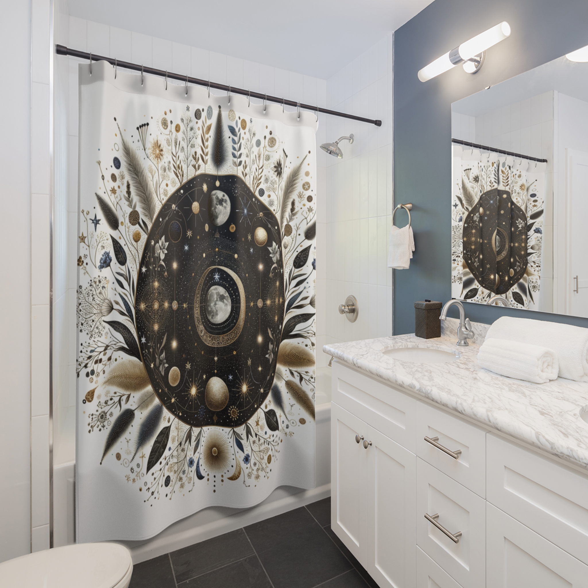 Celestial Moon Phase Garden – Boho Lunar Shower Curtain