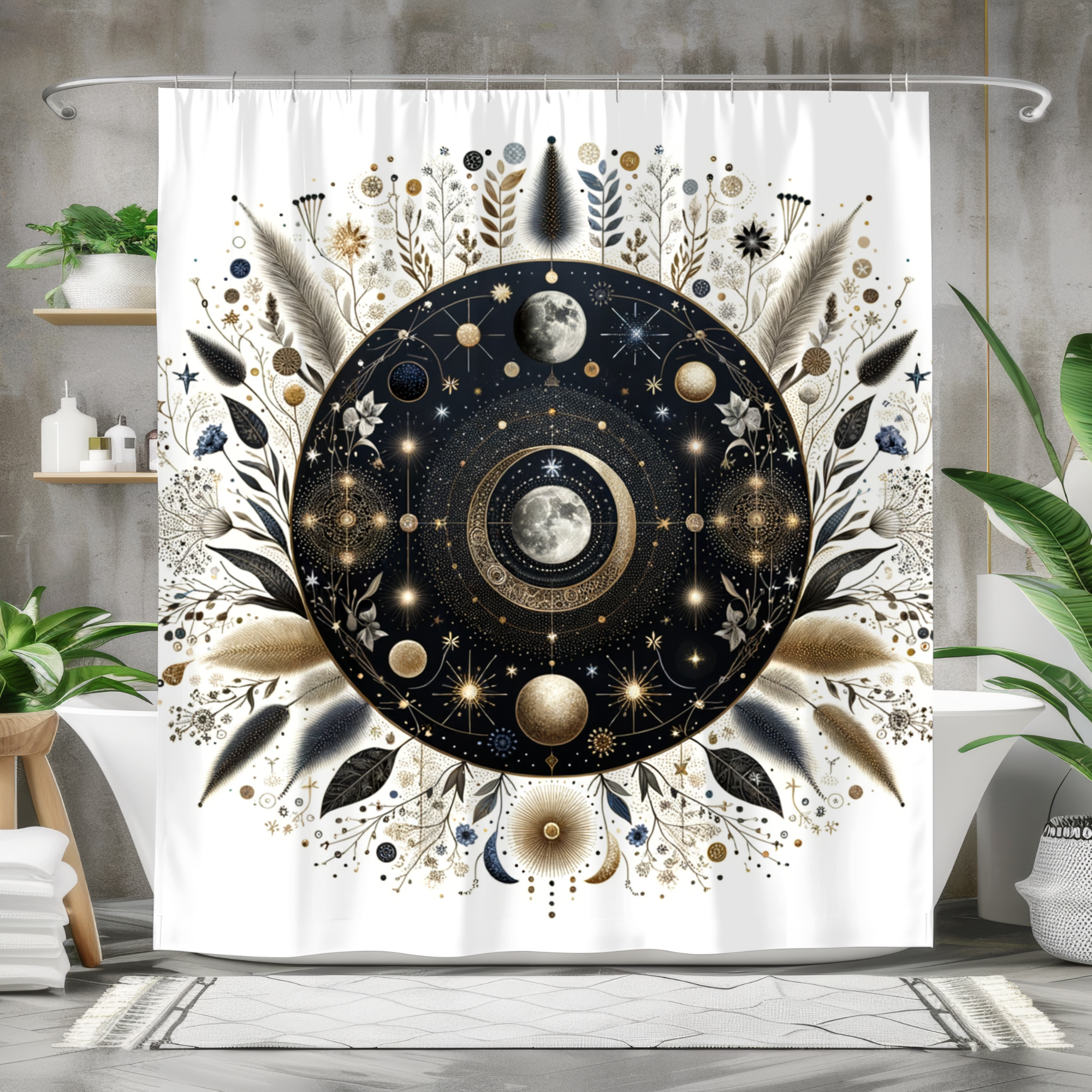 Celestial Moon Phase Garden – Boho Lunar Shower Curtain