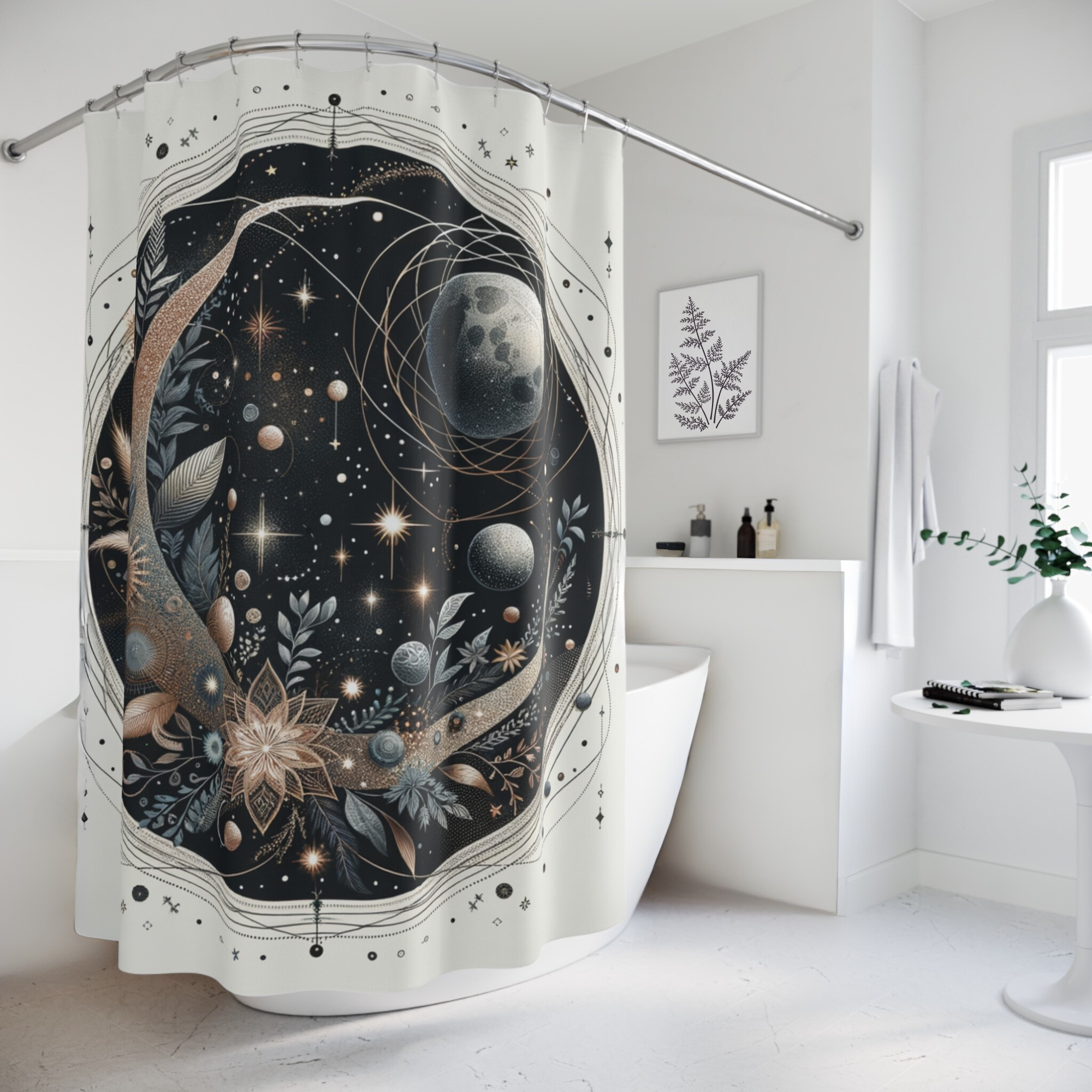 Mystic Moon Orbit Garden – Celestial Boho Shower Curtain
