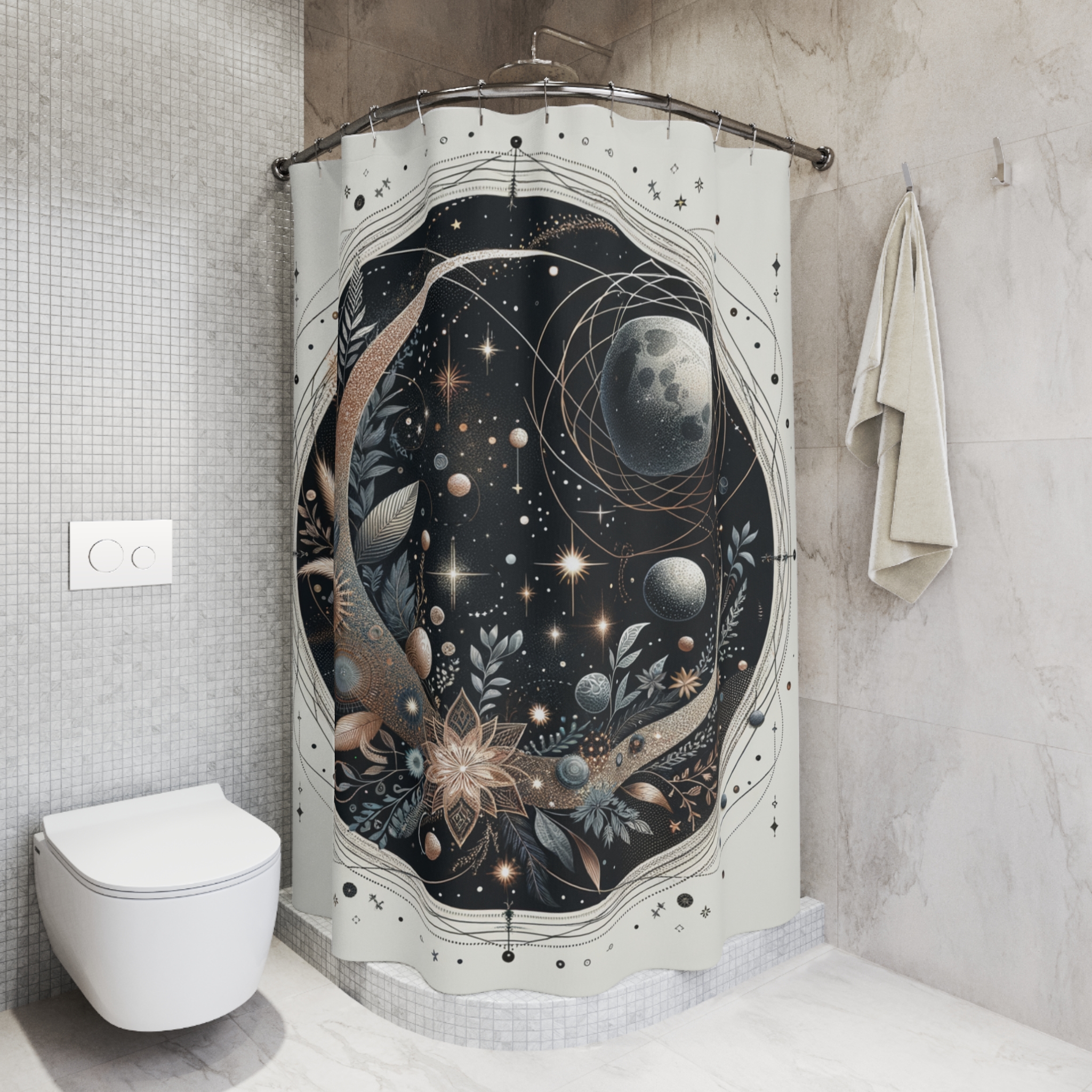 Mystic Moon Orbit Garden – Celestial Boho Shower Curtain